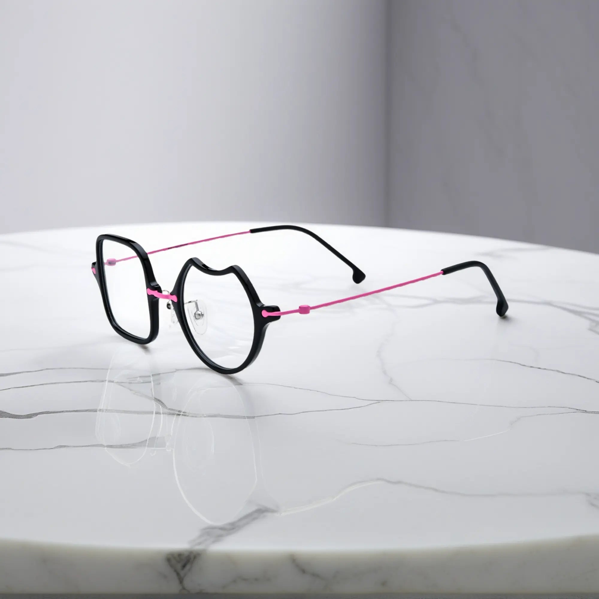 Side View of VoyueLens™ Neon Bloom stylish asymmetric eyeglasses VL185842-C6. Side profile emphasizing the sleek titanium temples and ergonomic curve.