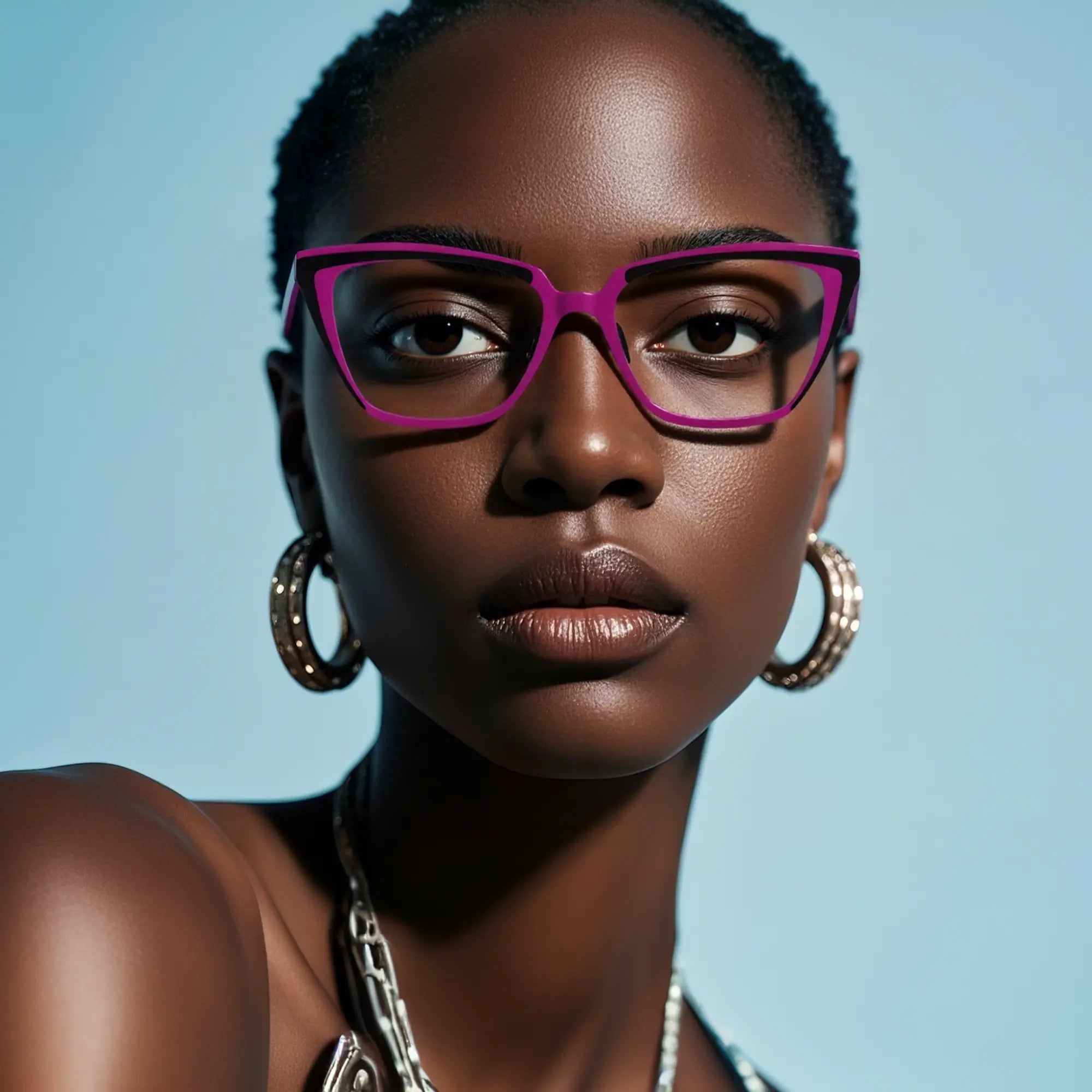 Model photo featuring VoyueLens™ VL185809 Neon Noir cat-eye titanium glasses
