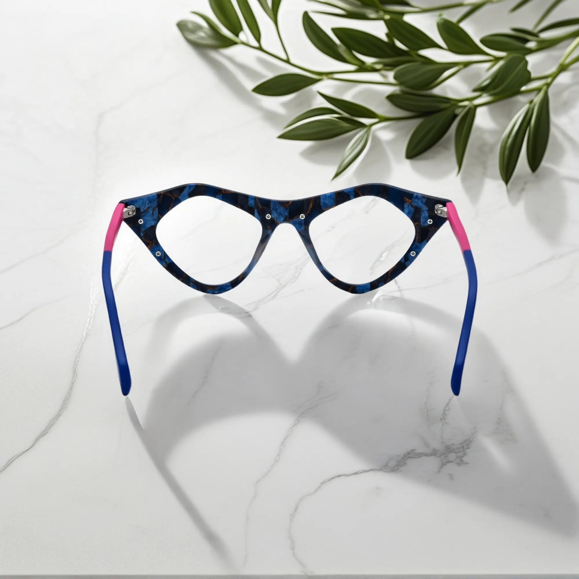 Rear view of Neon Pop VoyueLens™ pixel cat-eye eyewear with bold neon expression
