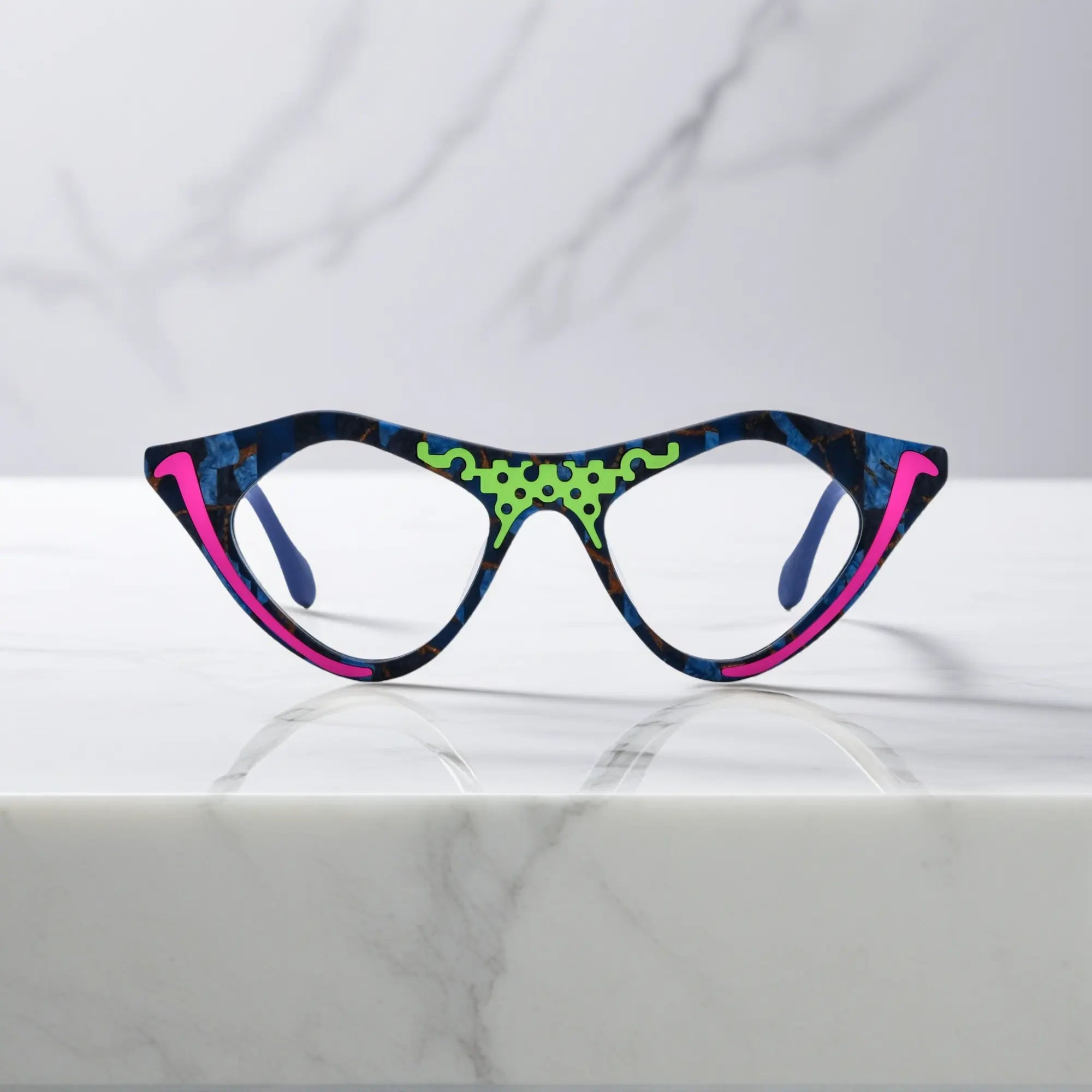 Neon Pop VoyueLens™ pixel cat-eye glasses front view with vibrant blue tones