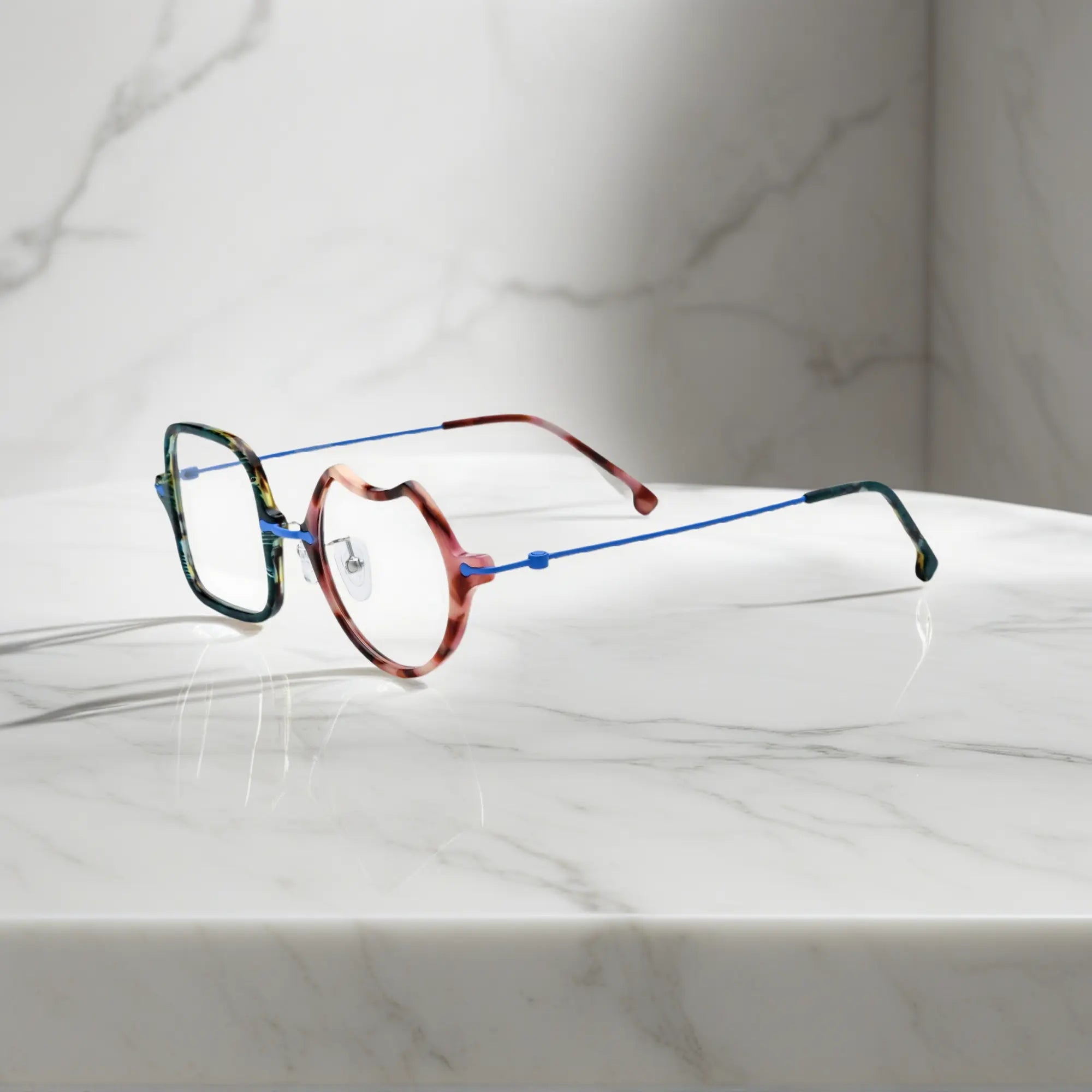 Side View of VoyueLens™ Ocean Brick abstract eyeglasses VL185842. Side profile emphasizing the sleek titanium temples and ergonomic curve.