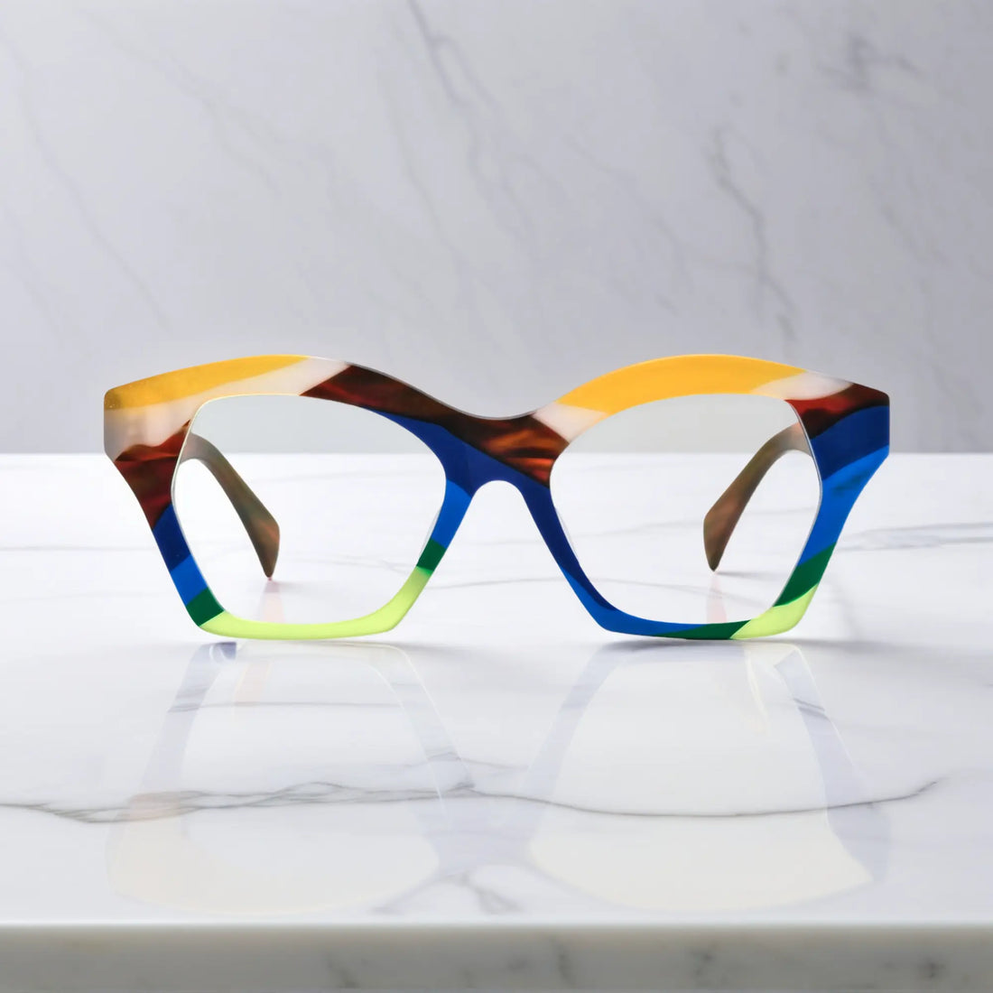Front-facing view of VoyueLens™ Ocean Carnival eyeglasses in blue-green sea tone mosaic with matte acetate.