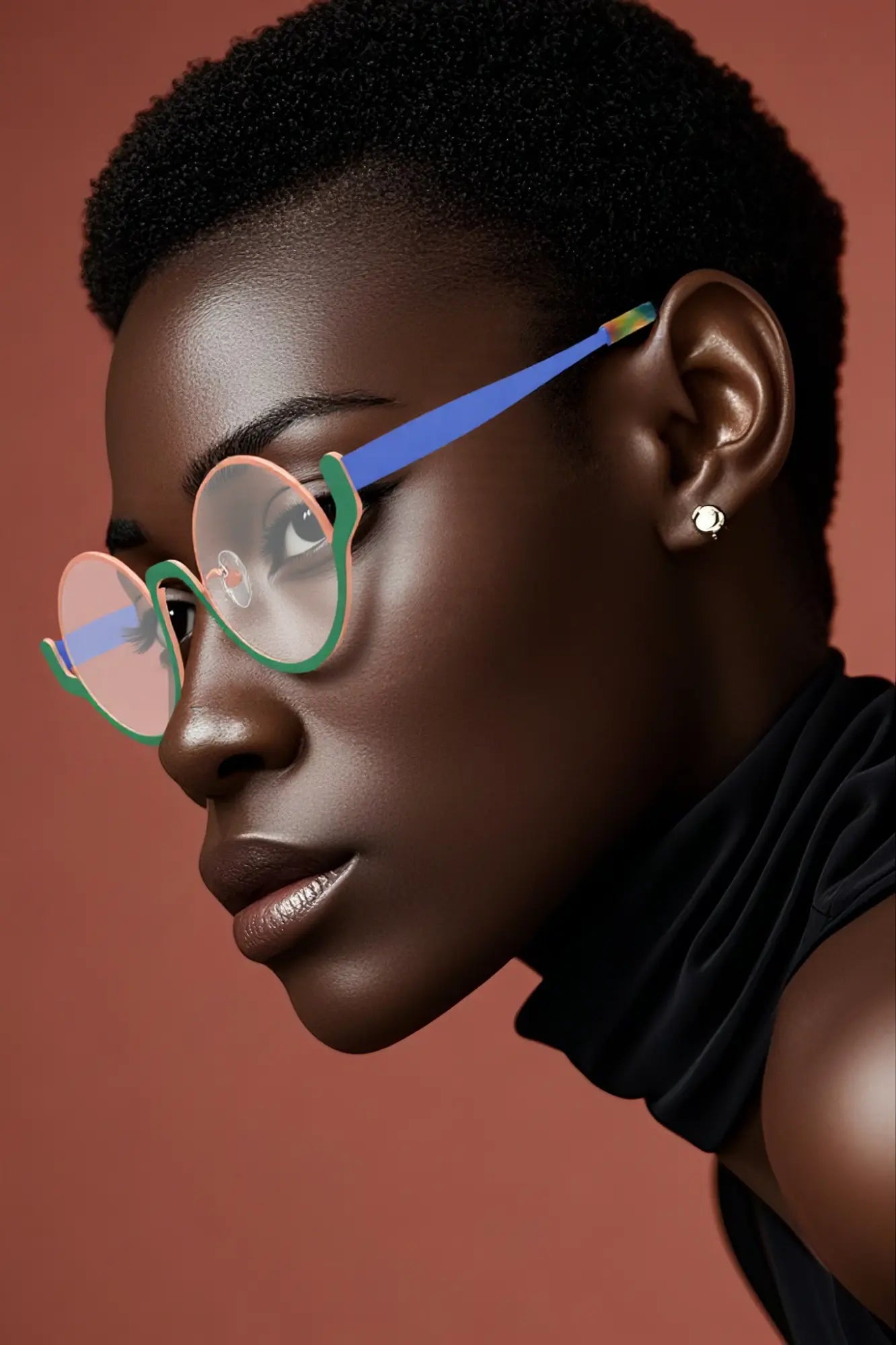 black model wearing VoyueLens™ ChromoPop glasses in Pastel Forest – playful and stylish look
