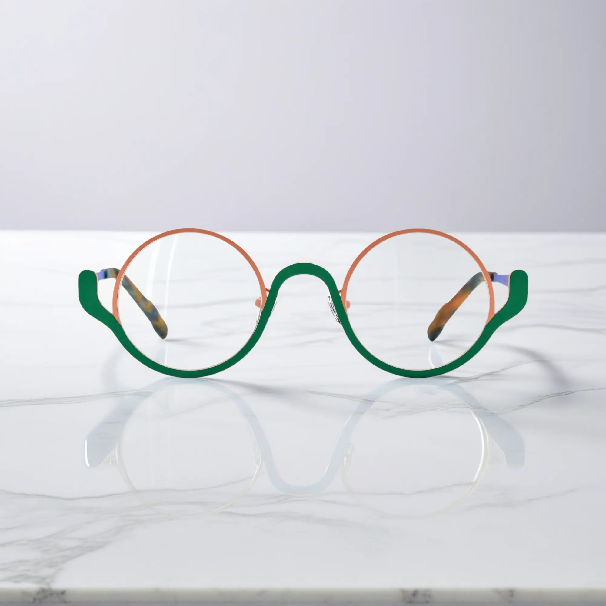 Front view of VoyueLens™ ChromoPop eyeglasses in Pastel Forest – pink and green titanium frame