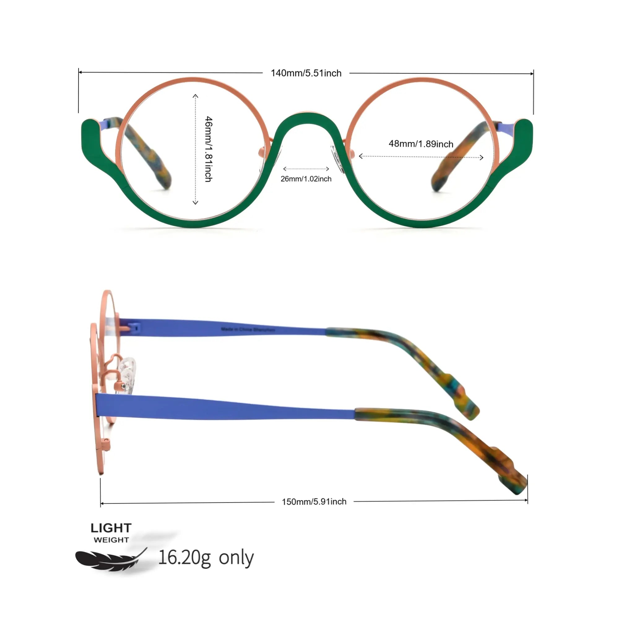 Dimensional diagram of Pastel Forest VoyueLens™ eyeglasses – round frame measurements