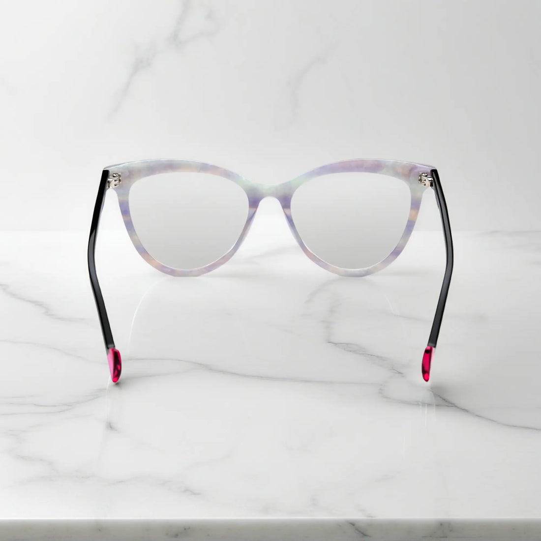 Back view of pearl white VoyueLens VL19362 frames with pink temple tips