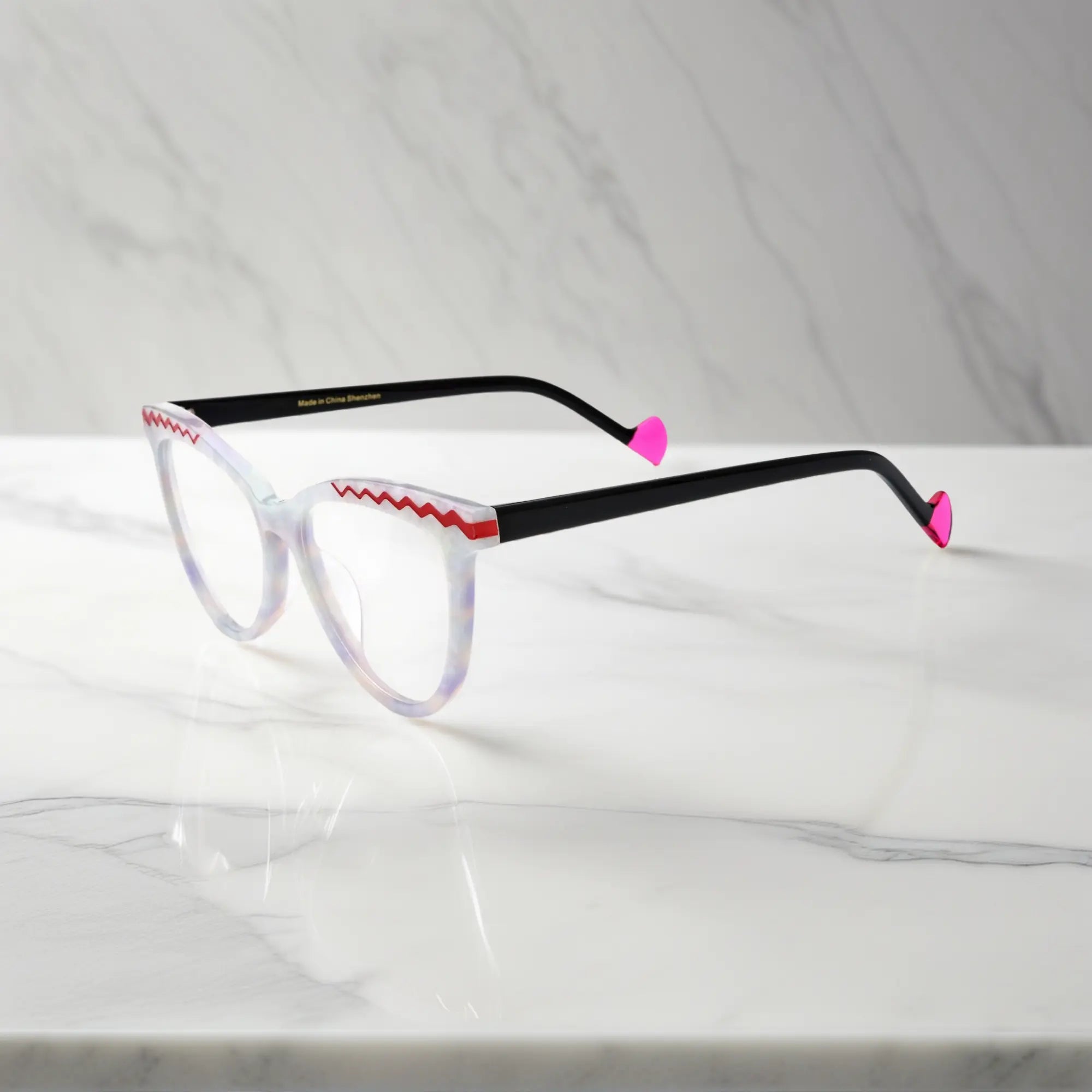 Side view of VoyueLens VL19362 pearl white glasses with black temples