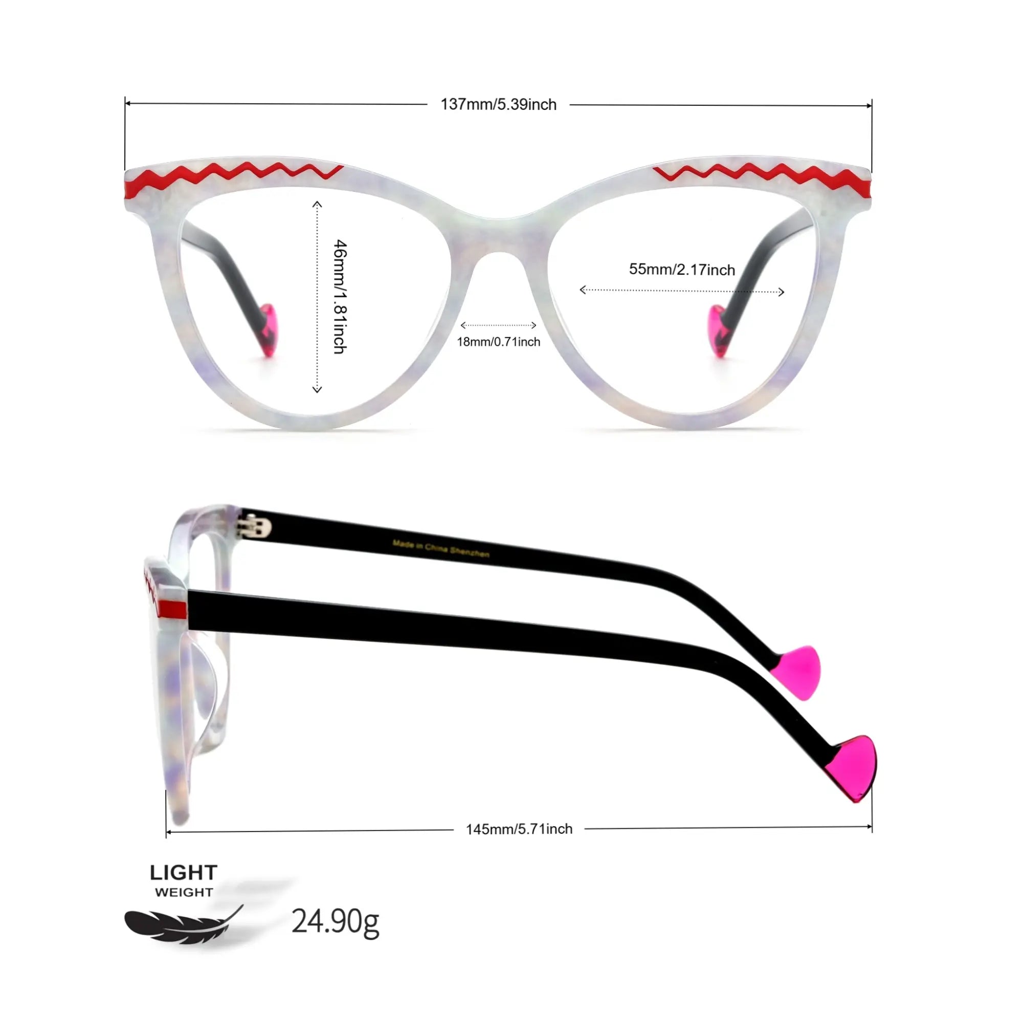 Size chart for VoyueLens VL19362 eyeglasses in pearl white