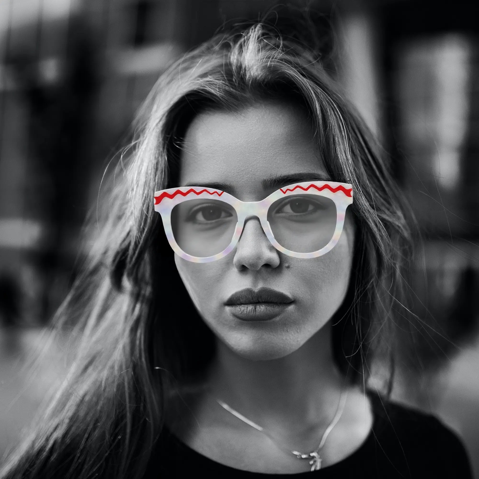 Lifestyle vintage model wearing VL19362 in pearl white zigzag-accented frame