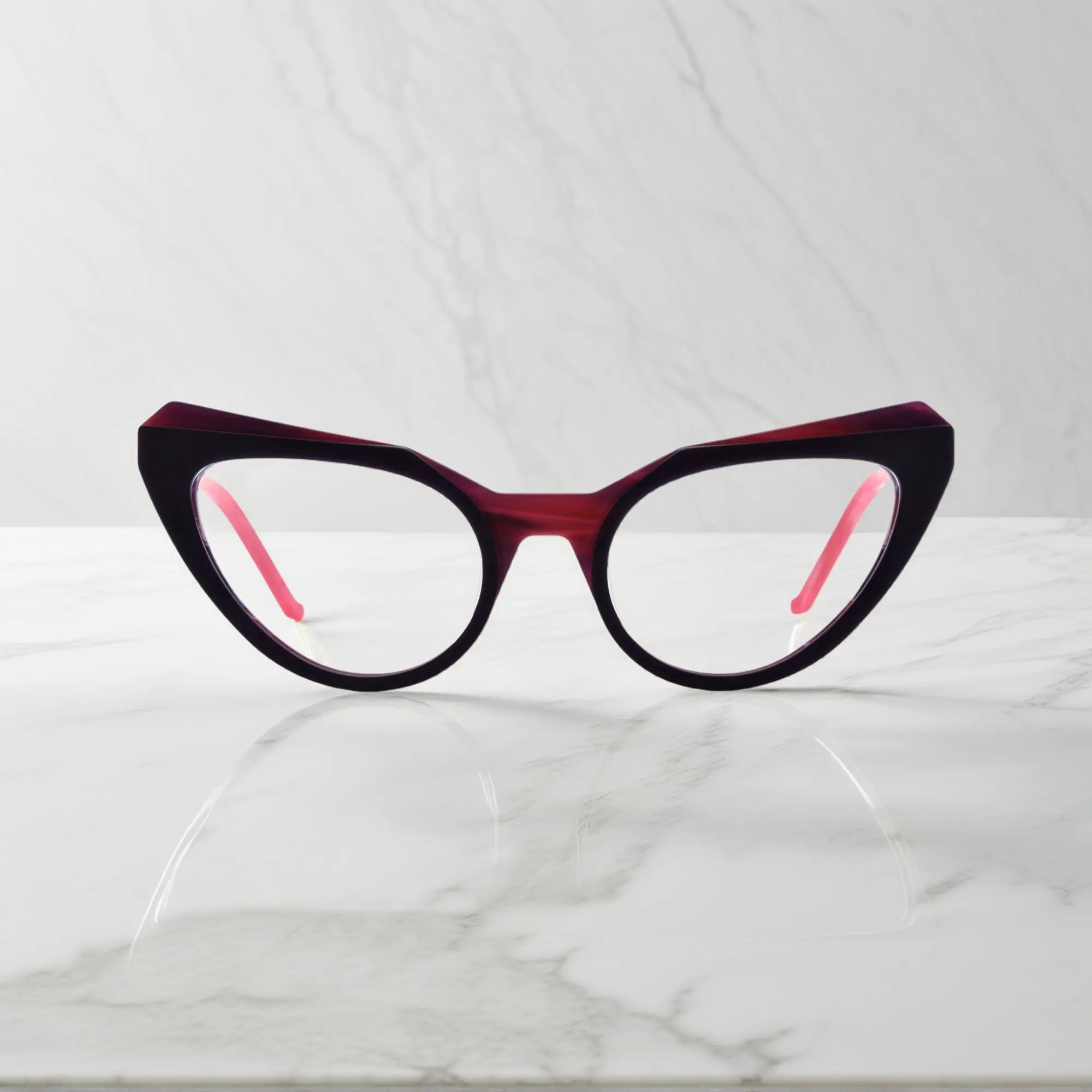 Front angle of VoyueLens™ Plum Velvet butterfly eyeglasses, showcasing a rich matte purple acetate frame with subtle elegance.