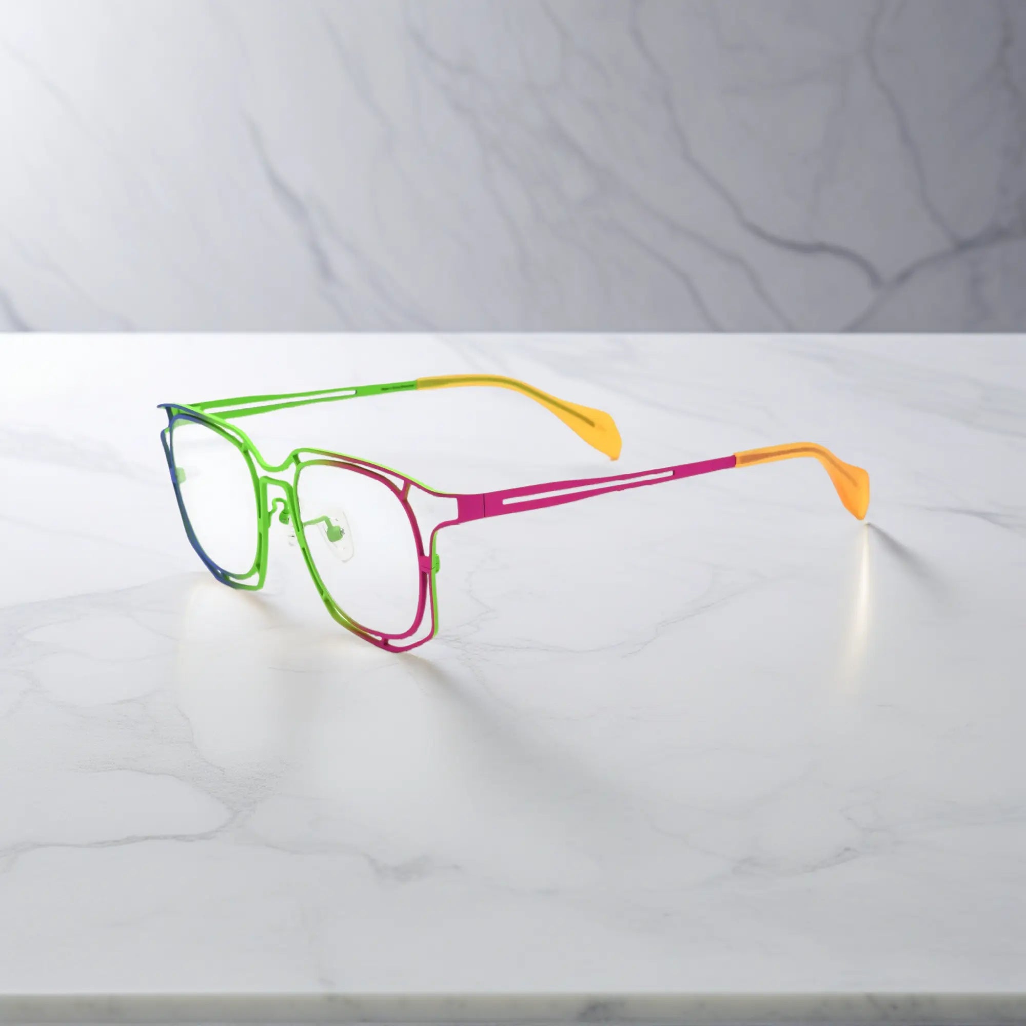 Side view showing temple and hinge details of Rainbow Burst titanium frame
