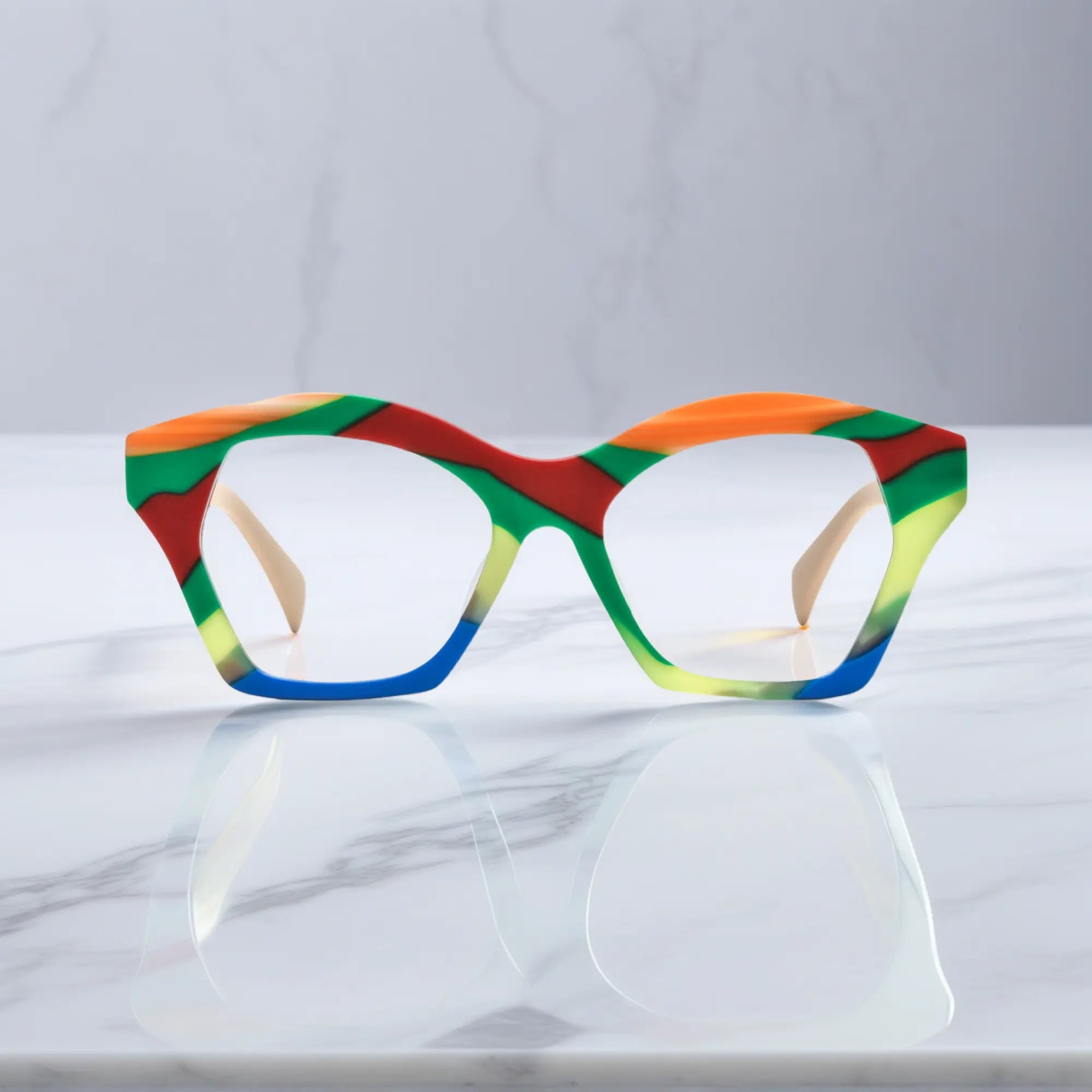 Front view of VoyueLens™ Rainbow Cream butterfly eyeglasses in matte acetate with soft pastel color blocks.