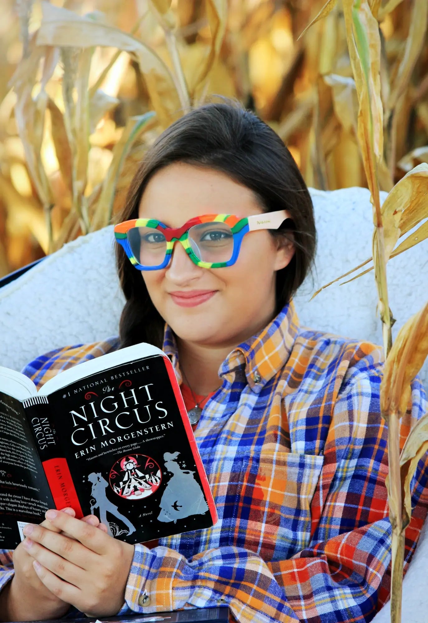 Round face model wearing VoyueLens™ Rainbow Cream eyeglasses styled for pastel streetwear and soft statement look.