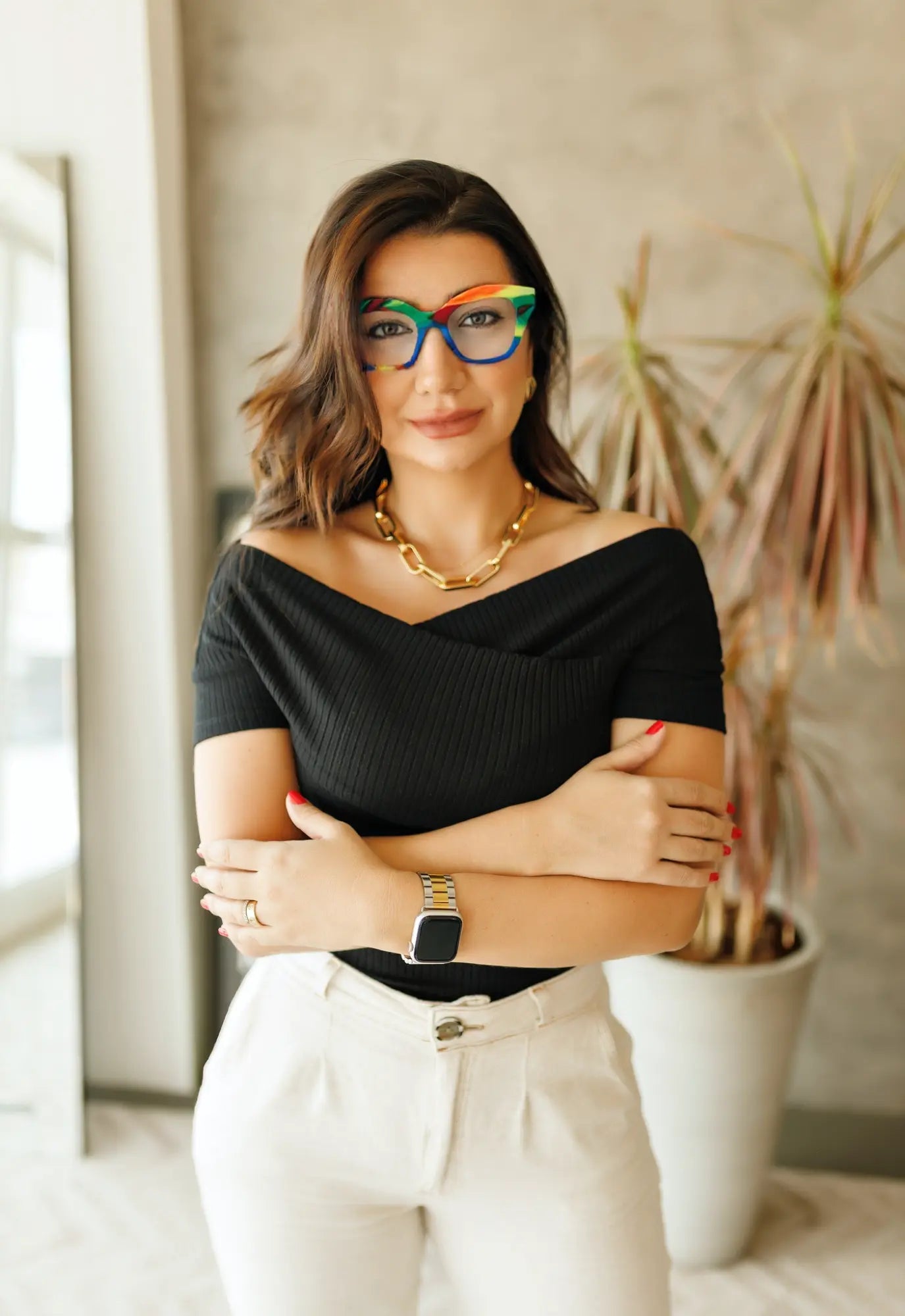 Fashion model wearing VoyueLens™ Rainbow Cream eyeglasses styled for pastel streetwear and soft statement look.