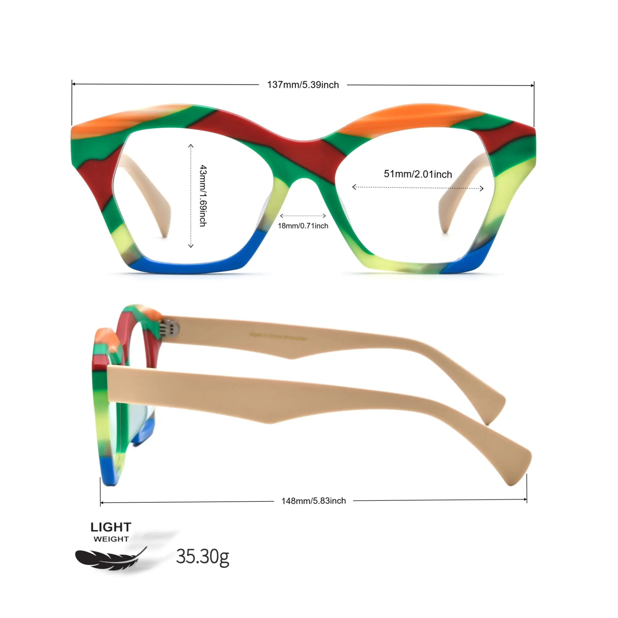 Size chart of VoyueLens™ Rainbow Cream eyeglasses with precise lens width, height, bridge, and temple length.