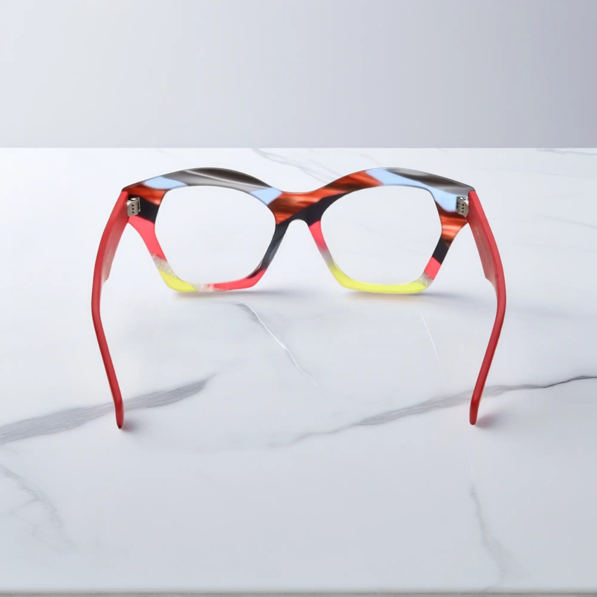 Backside of VoyueLens™ Rainbow Flame eyeglasses revealing contrast detail and integrated nose bridge.