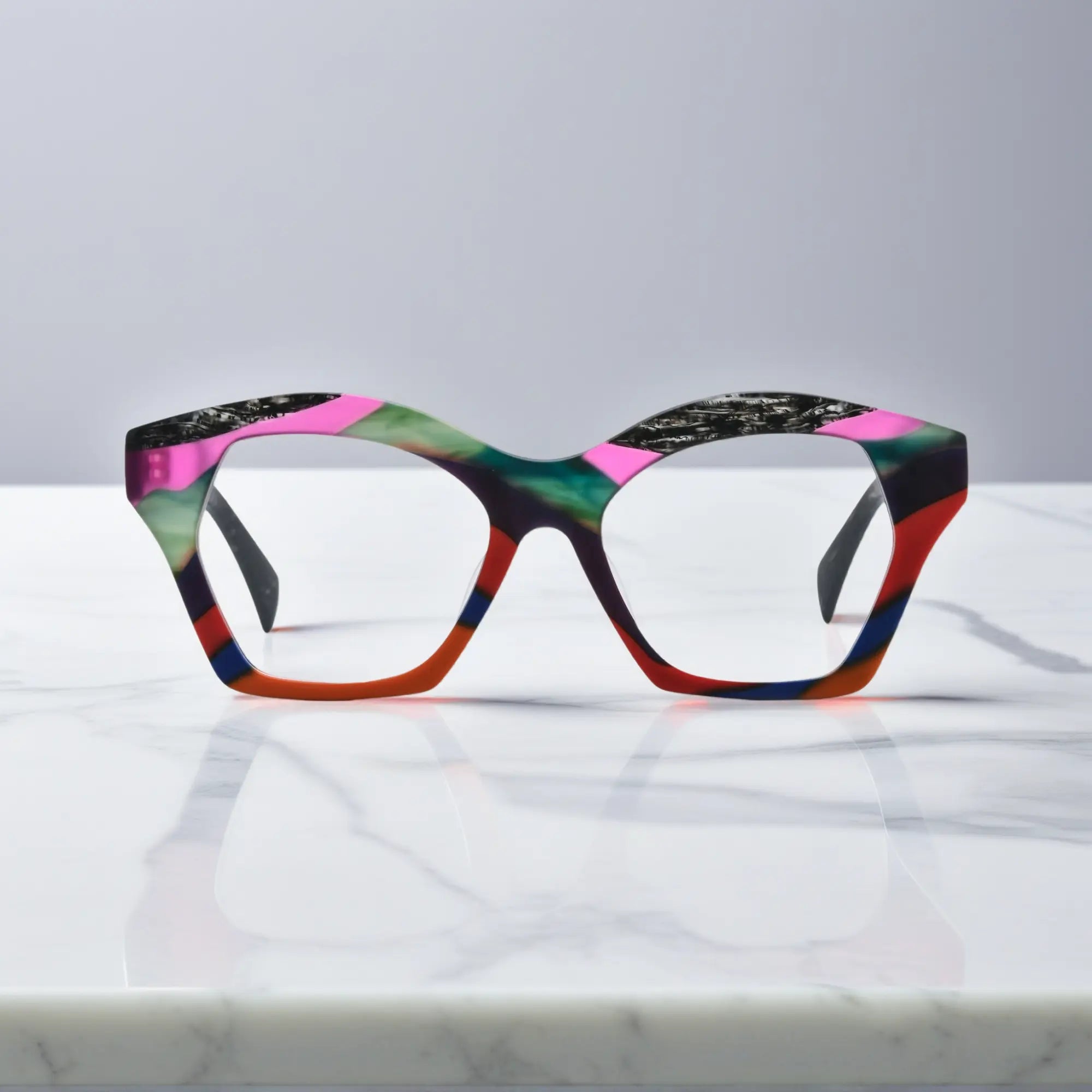 Front view of VoyueLens™ Rainbow Noir butterfly eyeglasses with black and monochrome gradient in matte finish.