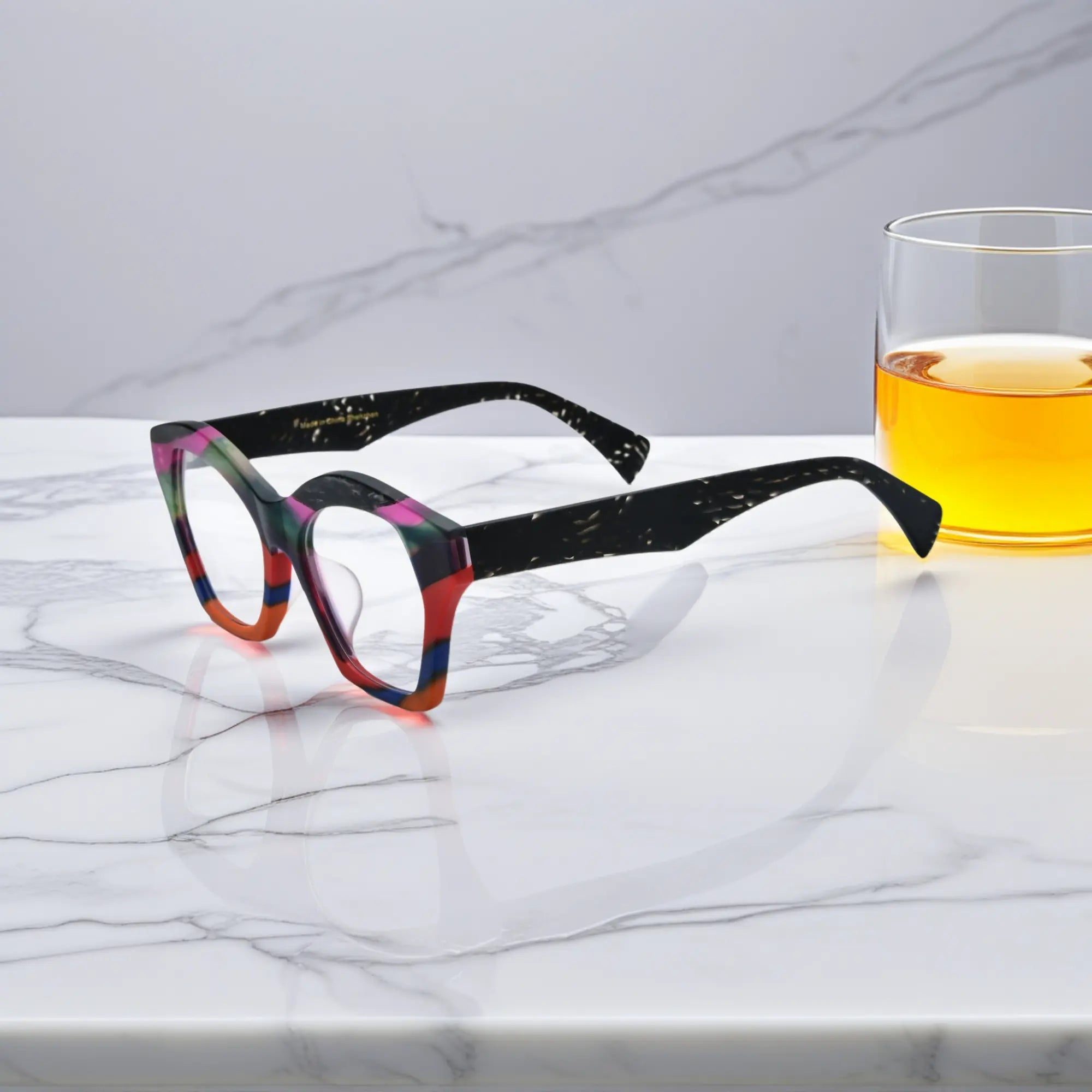 Side angle of VoyueLens™ Rainbow Noir eyeglass frame, revealing clean temple lines and designer structure.