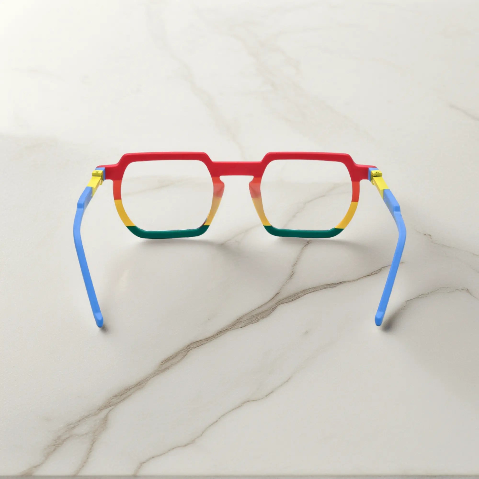 Rear view highlighting the artistic rainbow fade and high-quality spring hinges of the VoyueLens™ Rainbow Rush square eyeglasses
