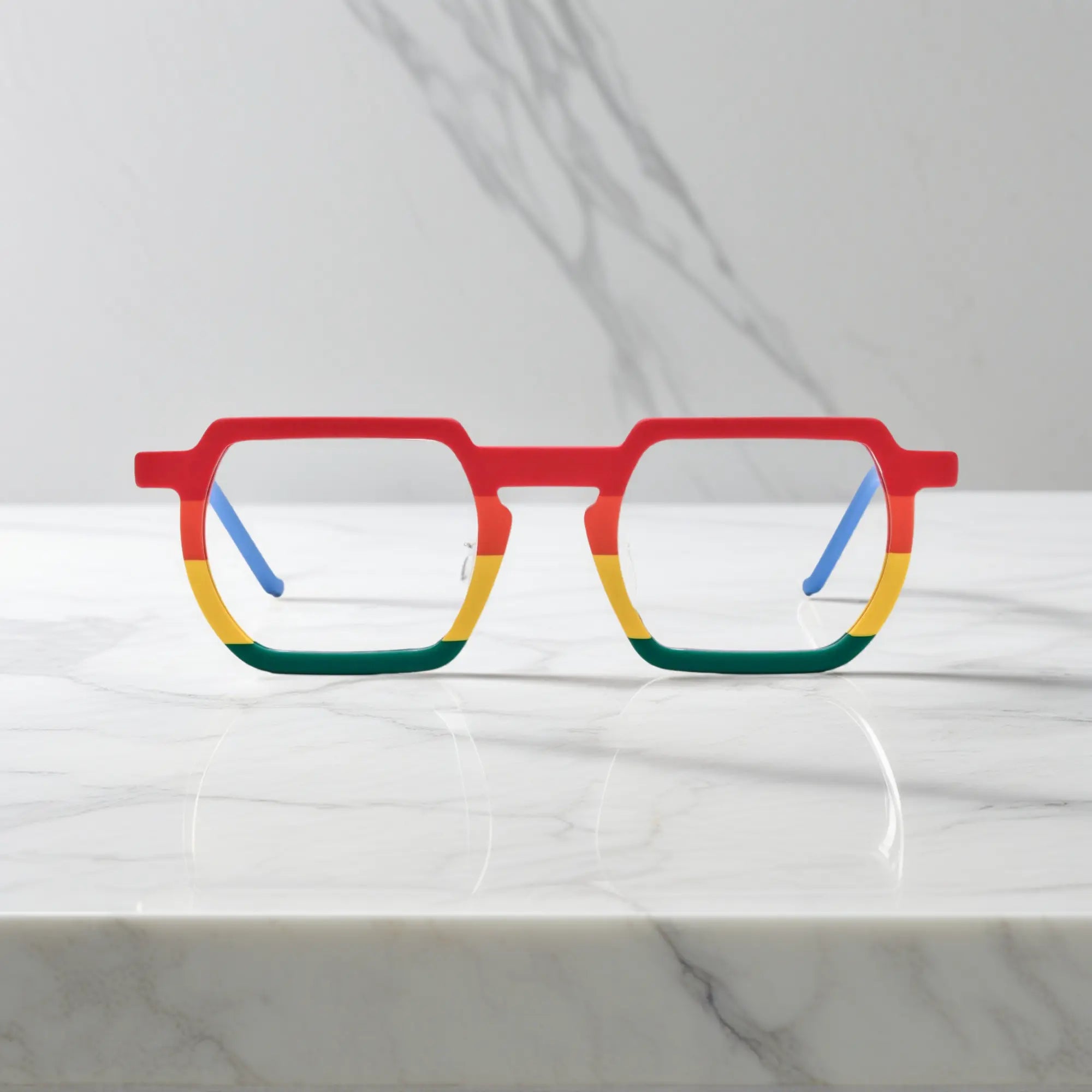 Front view of VoyueLens™ Rainbow Rush eyeglasses featuring a bold geometric frame and a vibrant rainbow color fade in matte acetate