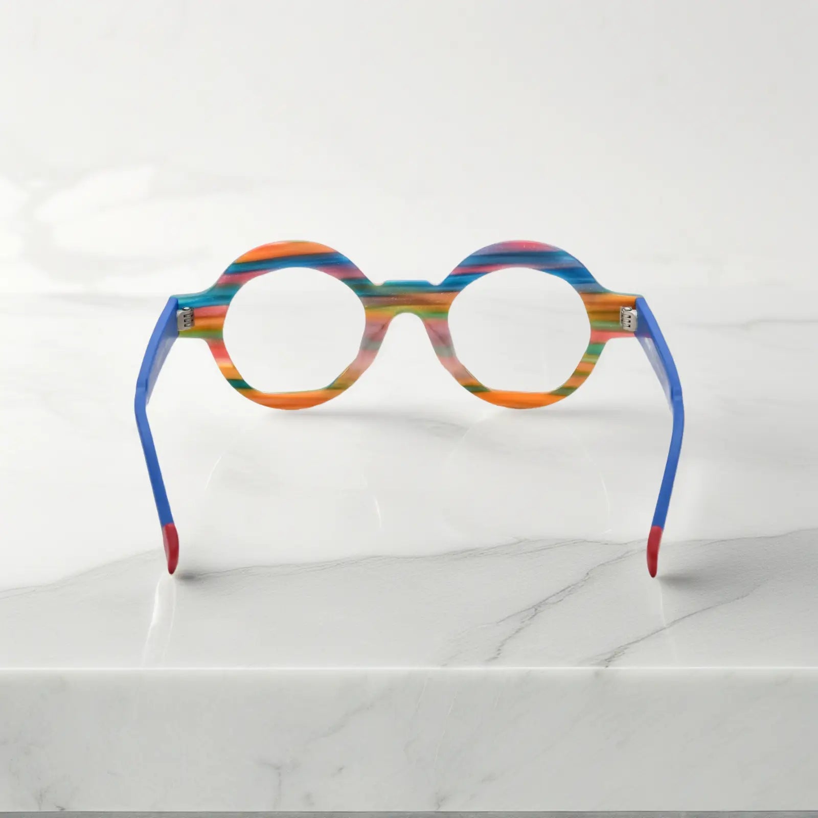 Rear angle of VoyueLens™ Rainbow Stripe polygon eyeglasses highlighting spring hinges and anti-slip matte-finished temple tips