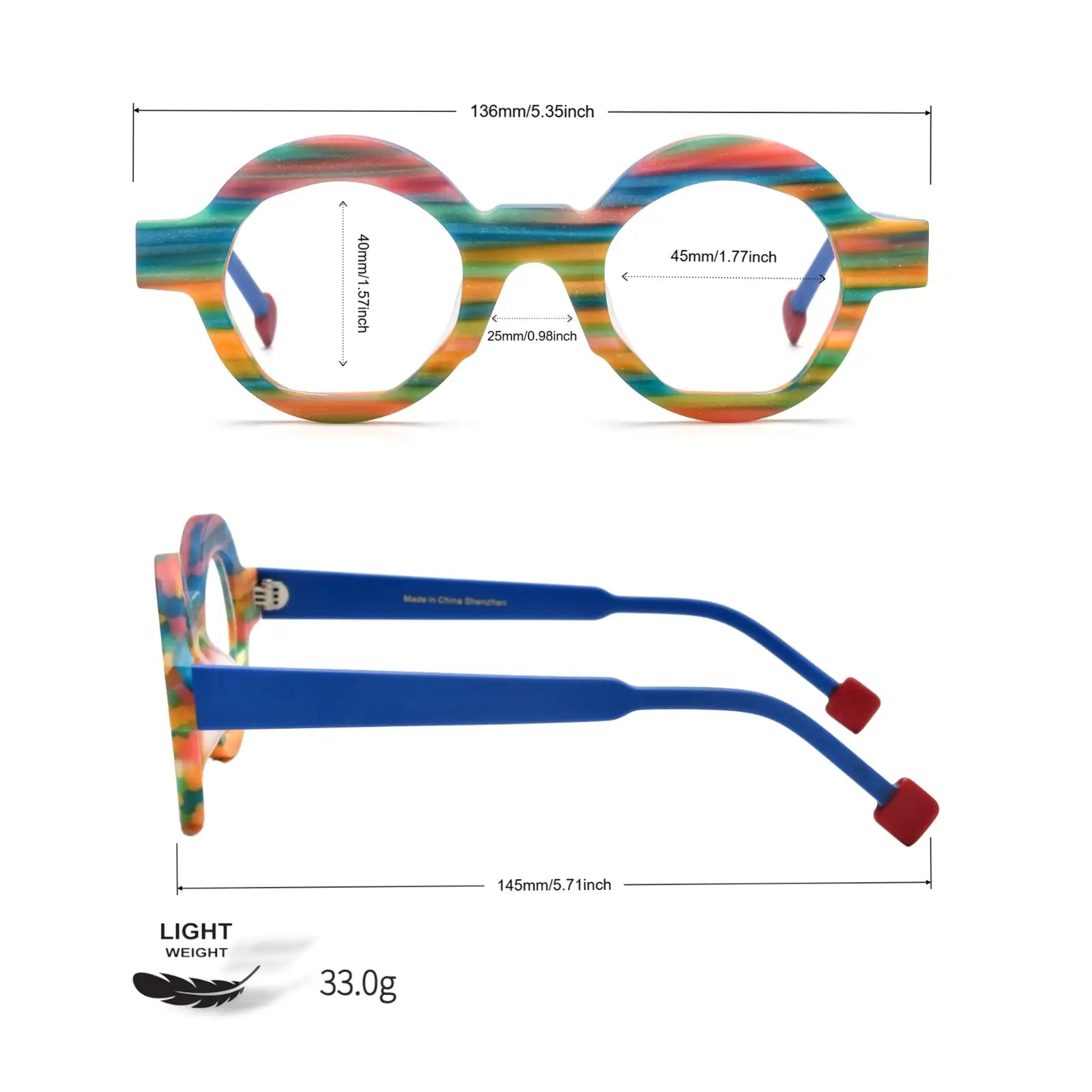 Detailed size chart of VoyueLens™ VL19355 Rainbow Stripe glasses, showcasing dimensions of the polygon frame and bridge fit