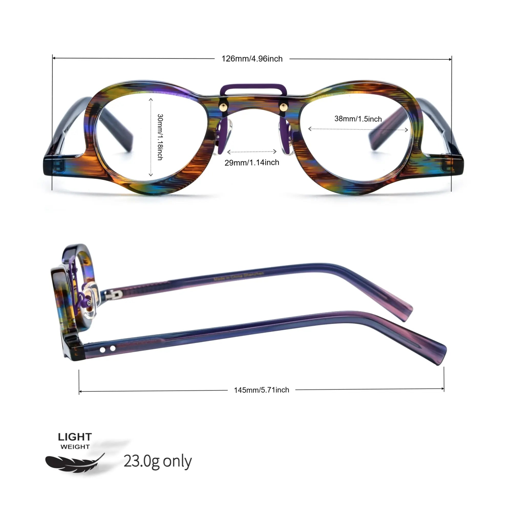Size diagram of VoyueLens rainbow tortoise geometric eyeglasses with detailed frame and lens measurements.