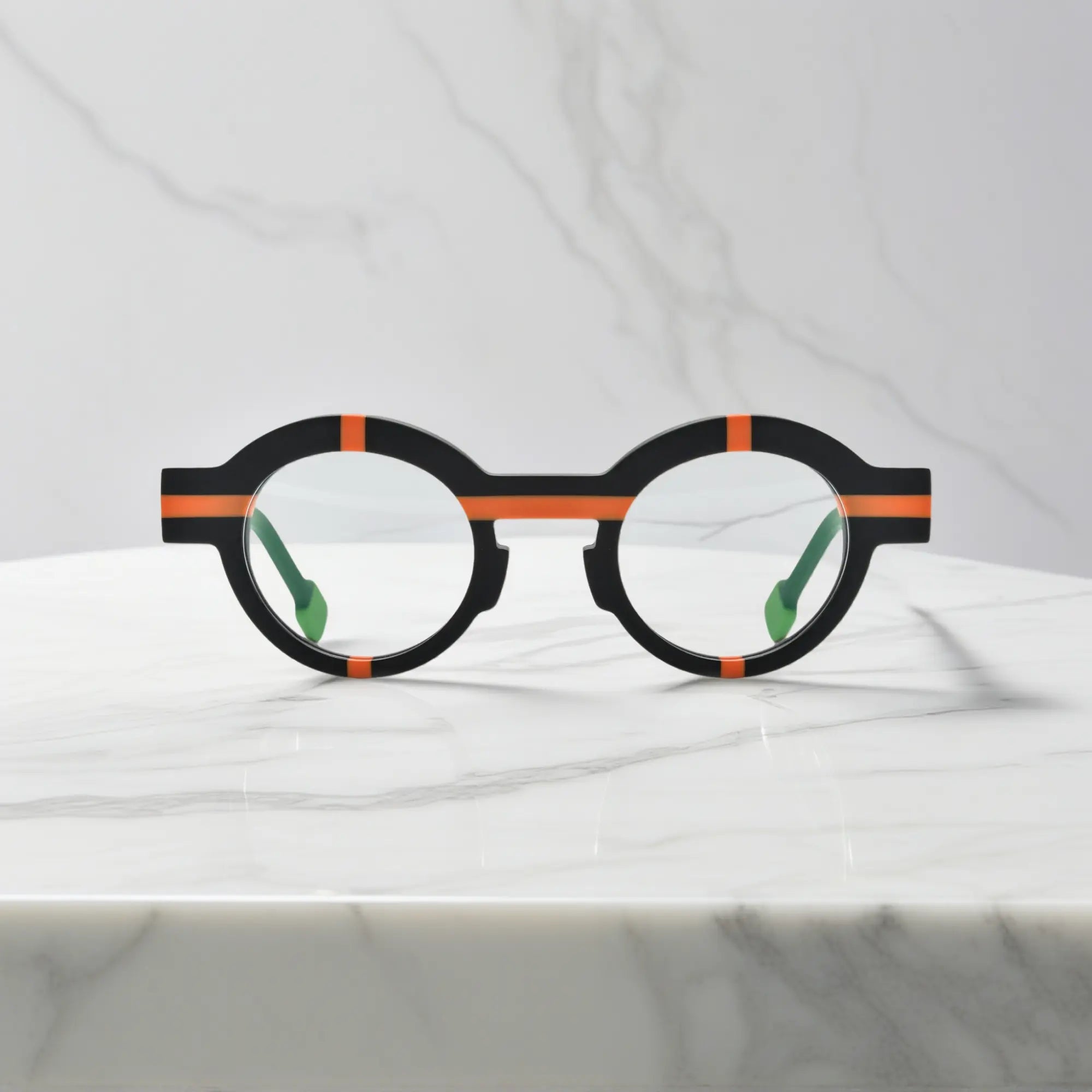 Front view of VoyueLens™ Retro Geometric Round Glasses in charcoal black, bold matte acetate frame design.
