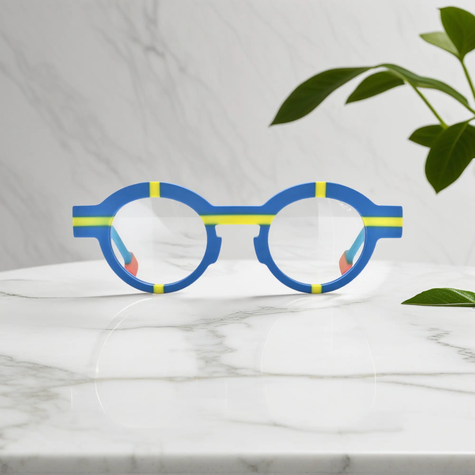 Striking cobalt blue front view of VoyueLens™ matte-finish geometric glasses.