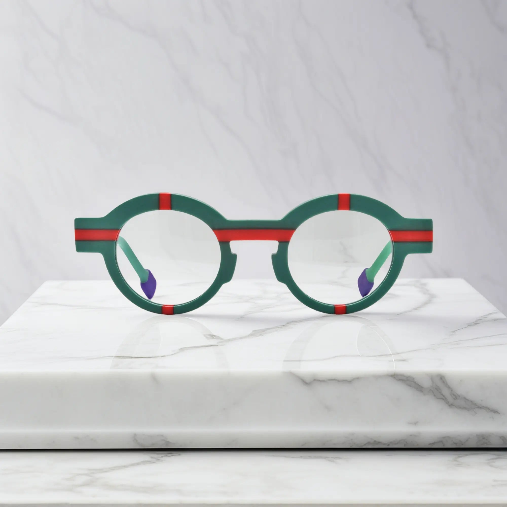 Front view of VoyueLens™ Retro Geometric Round Glasses in forest green, featuring a bold round acetate frame with a modern matte finish.