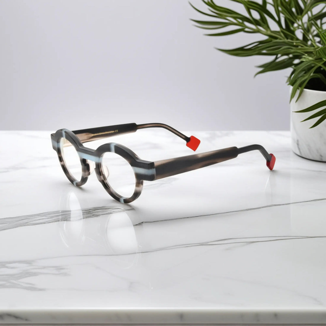 Side profile of VoyueLens™ glasses in slate gray with contemporary matte finish.