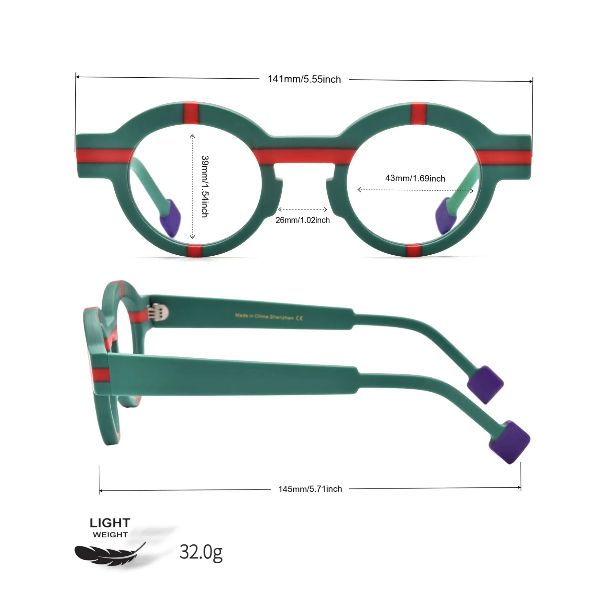 Measurement and weight details of VoyueLens™ Retro Geometric Round Glasses,showcasing frame width, lens height, and lightweight 32g acetate build.