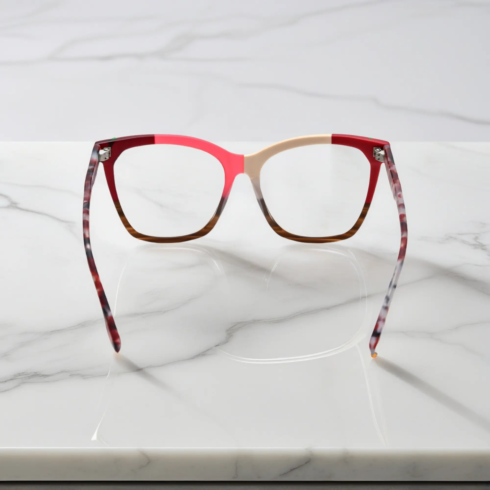 VoyueLens VL19343 Rose Beige & Caramel Tortoise matte acetate square eyeglasses (unisex) are shown from the back view, highlighting the caramel tortoise pattern on the temples.