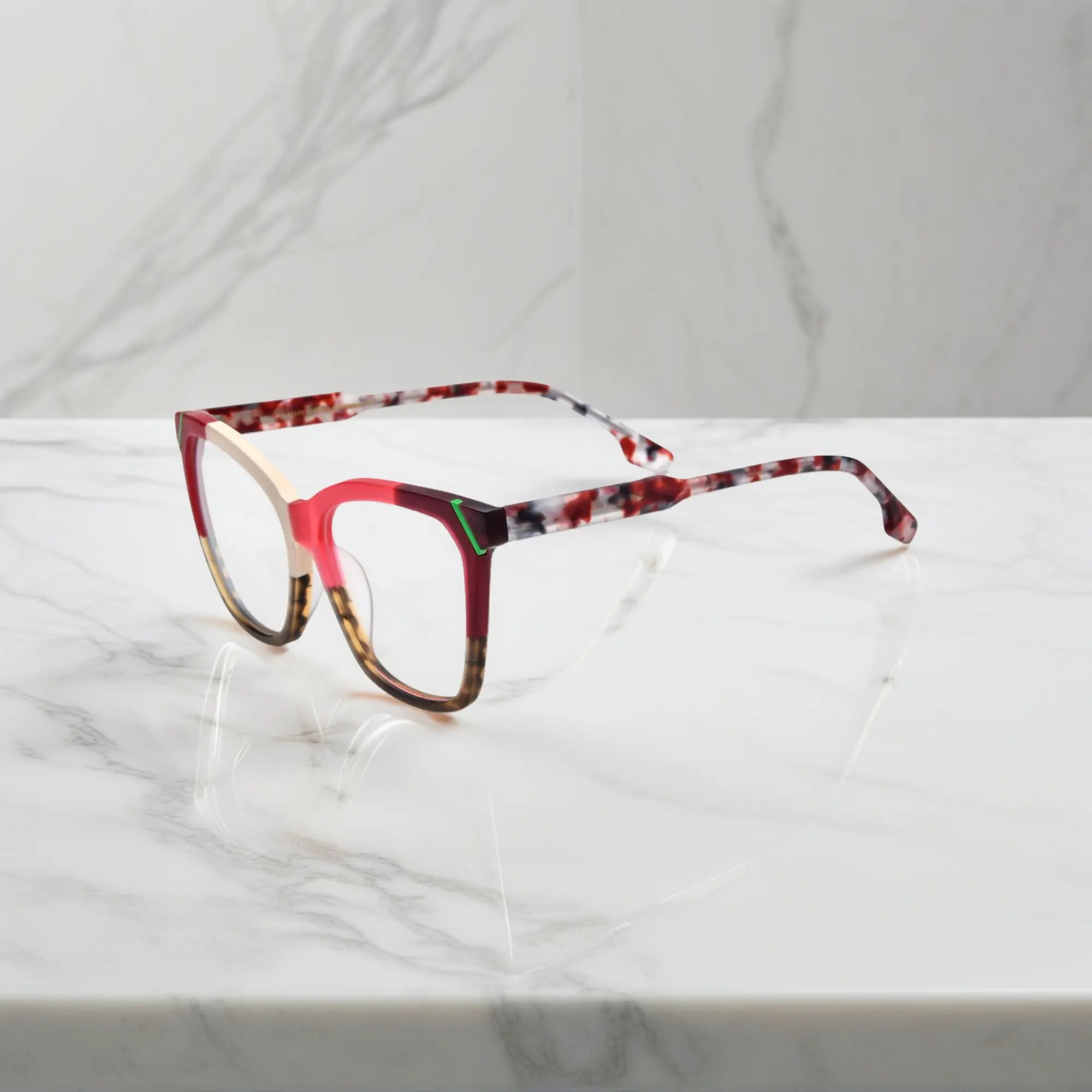 VoyueLens VL19343 Rose Beige & Caramel Tortoise matte acetate square eyeglasses (unisex) are shown from the side view, highlighting the distinctive tortoise shell temple design.