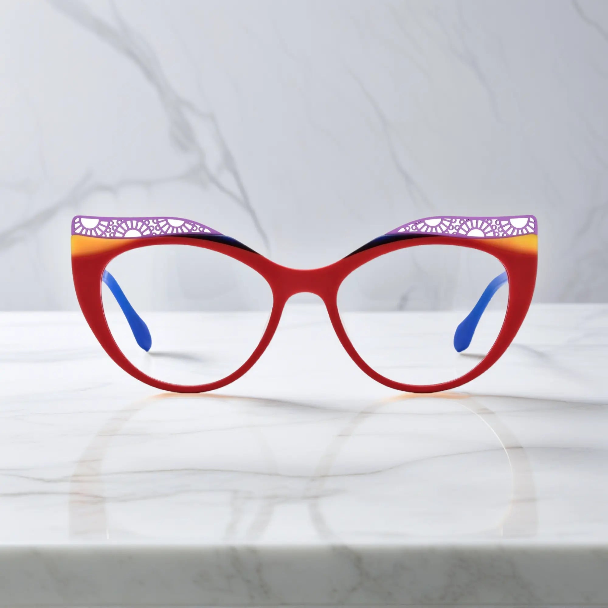 Front View of VoyueLens™ Scarlet Horizon cat-eye eyeglasses with red-to-orange gradient and signature lace-pattern design.