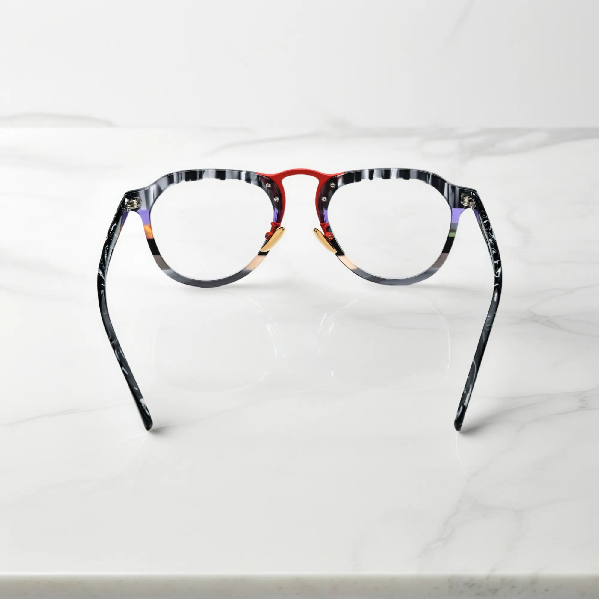 Rear view of VoyueLens Scarlet Marble Mix red marble pattern aviator glasses