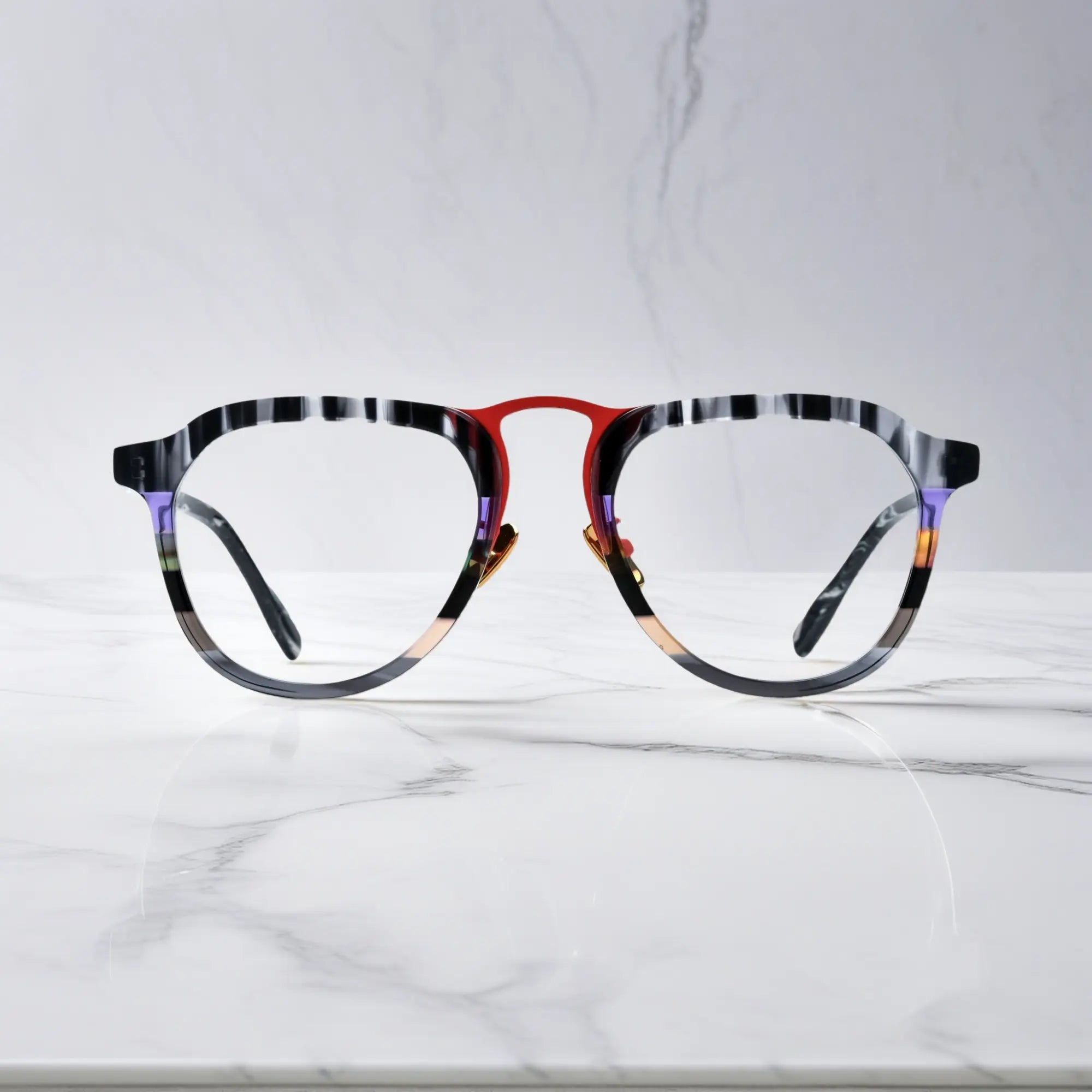 Front view of VoyueLens Scarlet Marble Mix red marble pattern aviator glasses