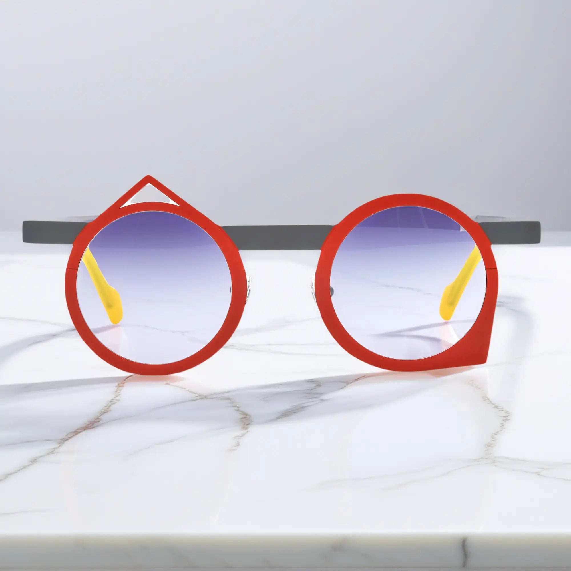 Front view of VoyueLens™ VL185801 Scarlet Slate eyeglasses with a bold red-grey titanium frame in geometric style.