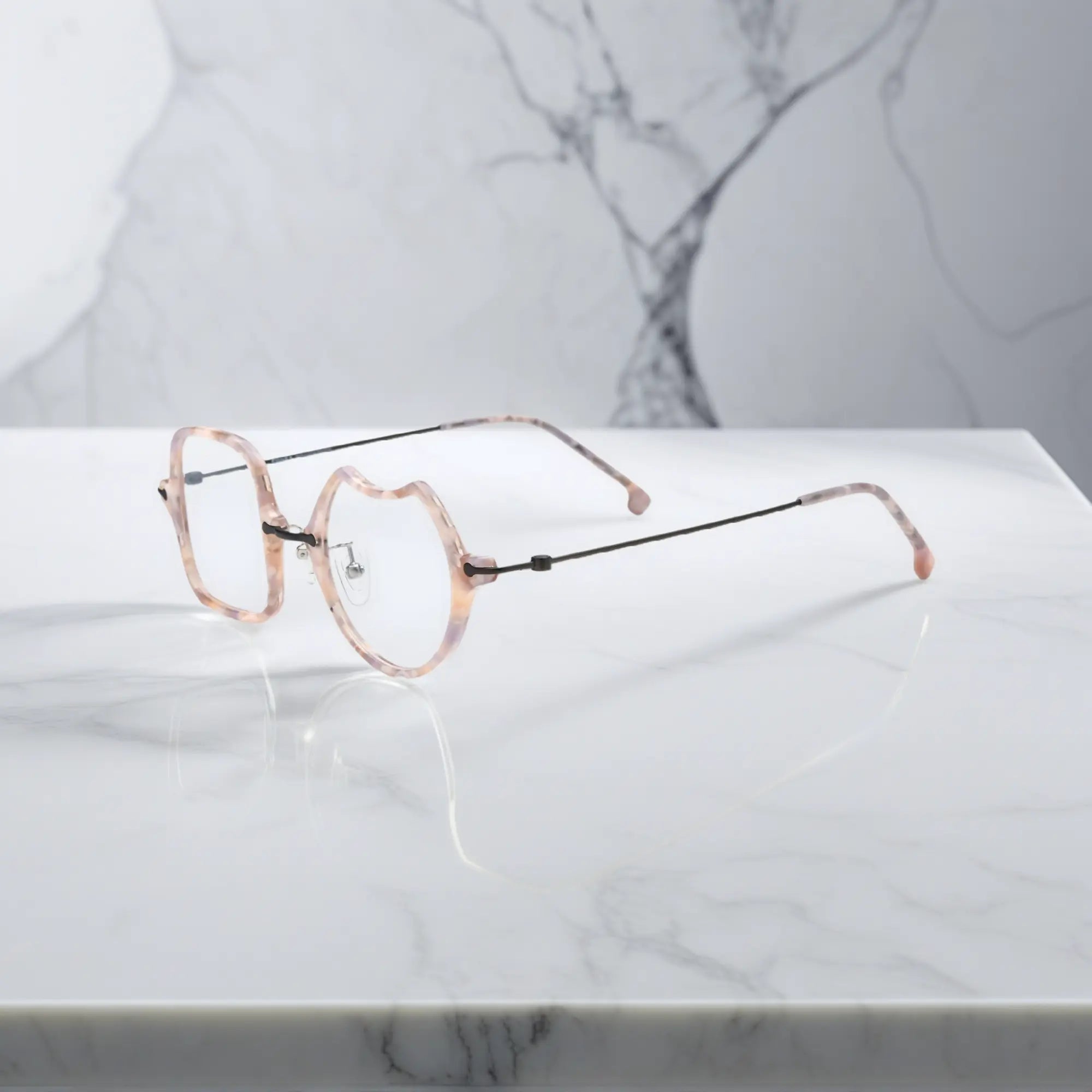 Side View of VoyueLens™ Shell Pink dual-shaped artistic eyeglasses VL185842-C3. Side profile emphasizing the sleek titanium temples and ergonomic curve.
