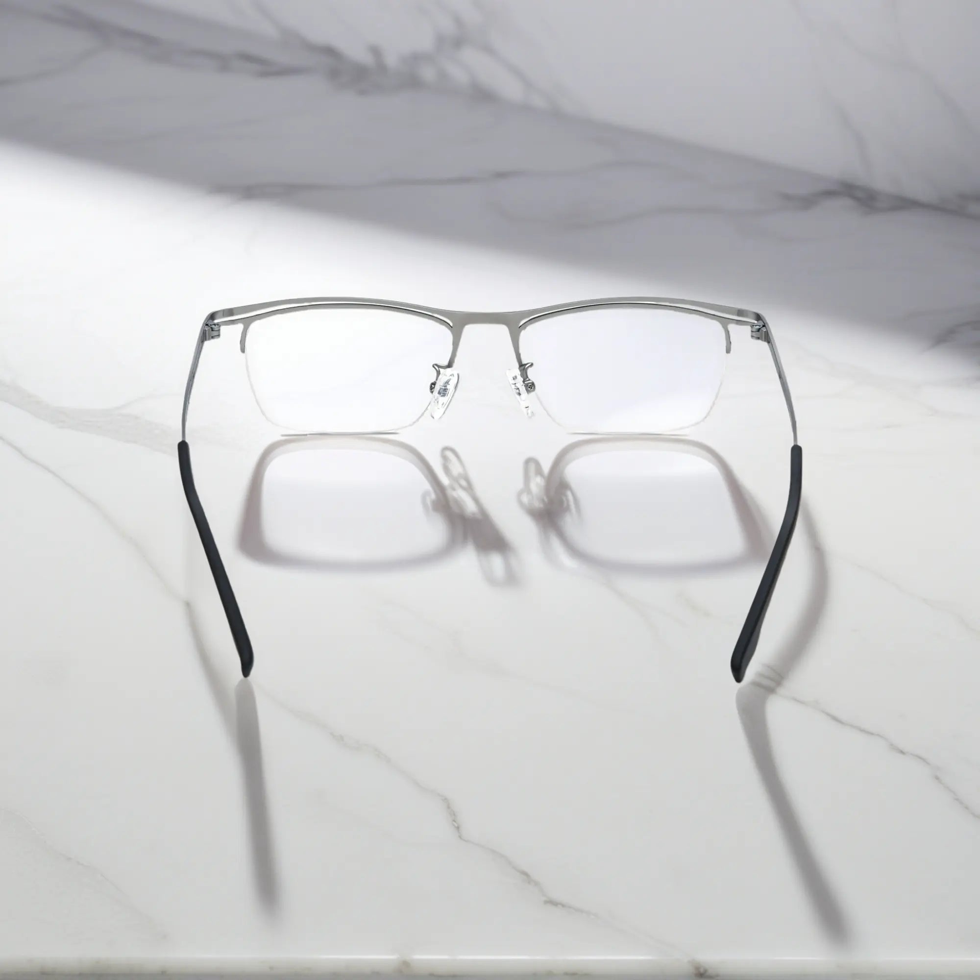 VoyueLens™ Silver Alloy titanium semi-rim eyeglasses back view