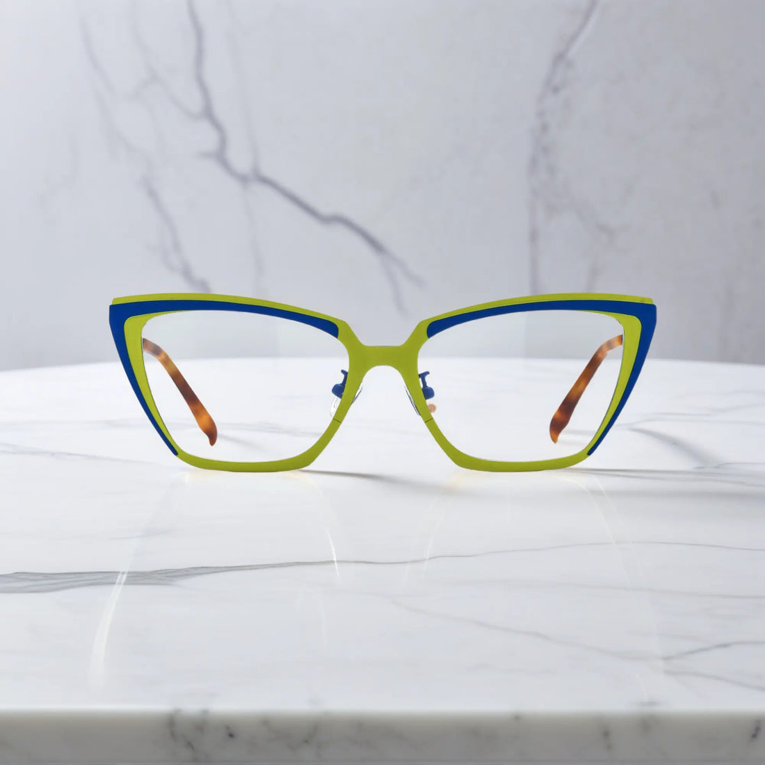 Front view of VoyueLens™ VL185809 Solar Azure glasses in yellow-blue cat-eye frame