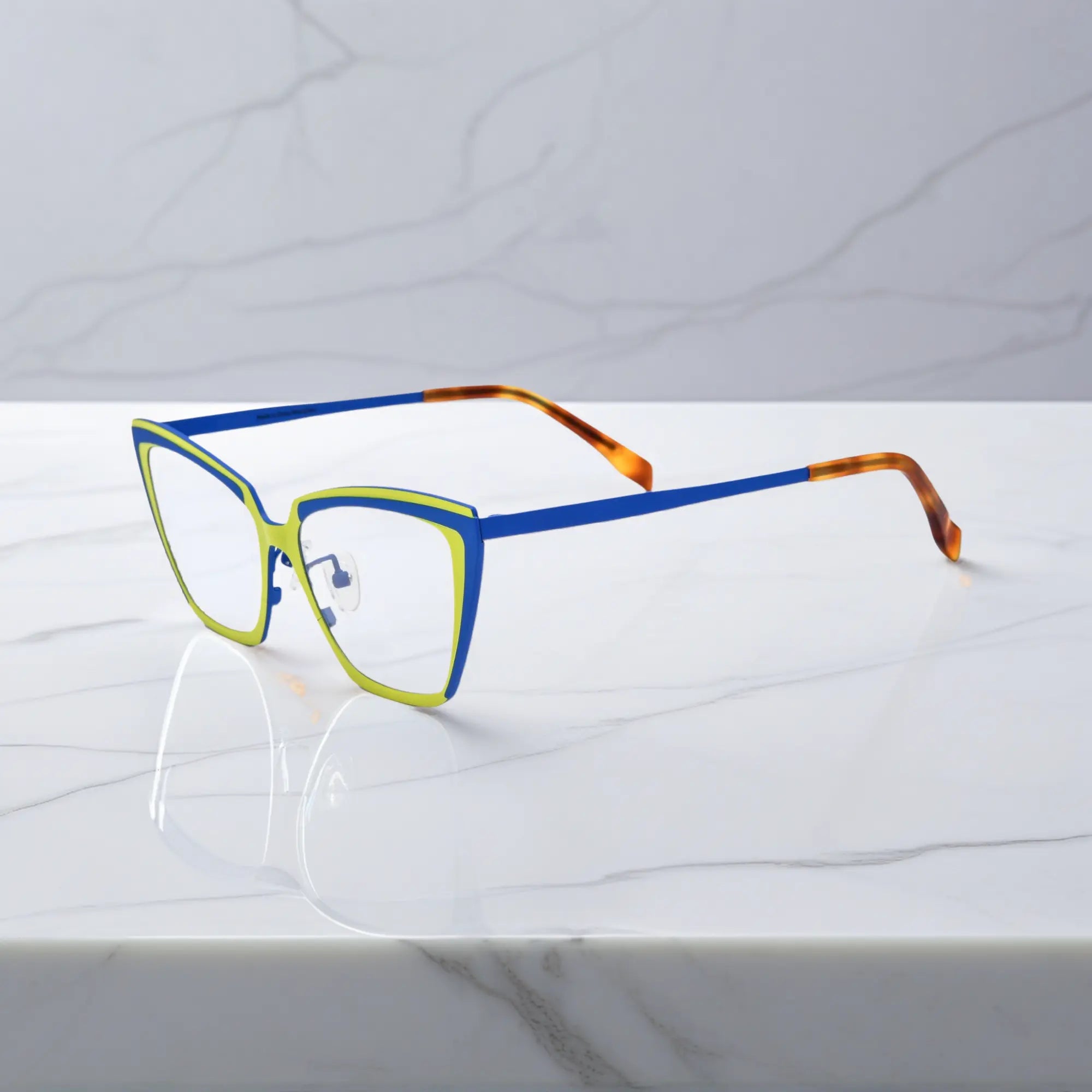 Side profile of yellow-blue VoyueLens™ VL185809 Solar Azure titanium glasses