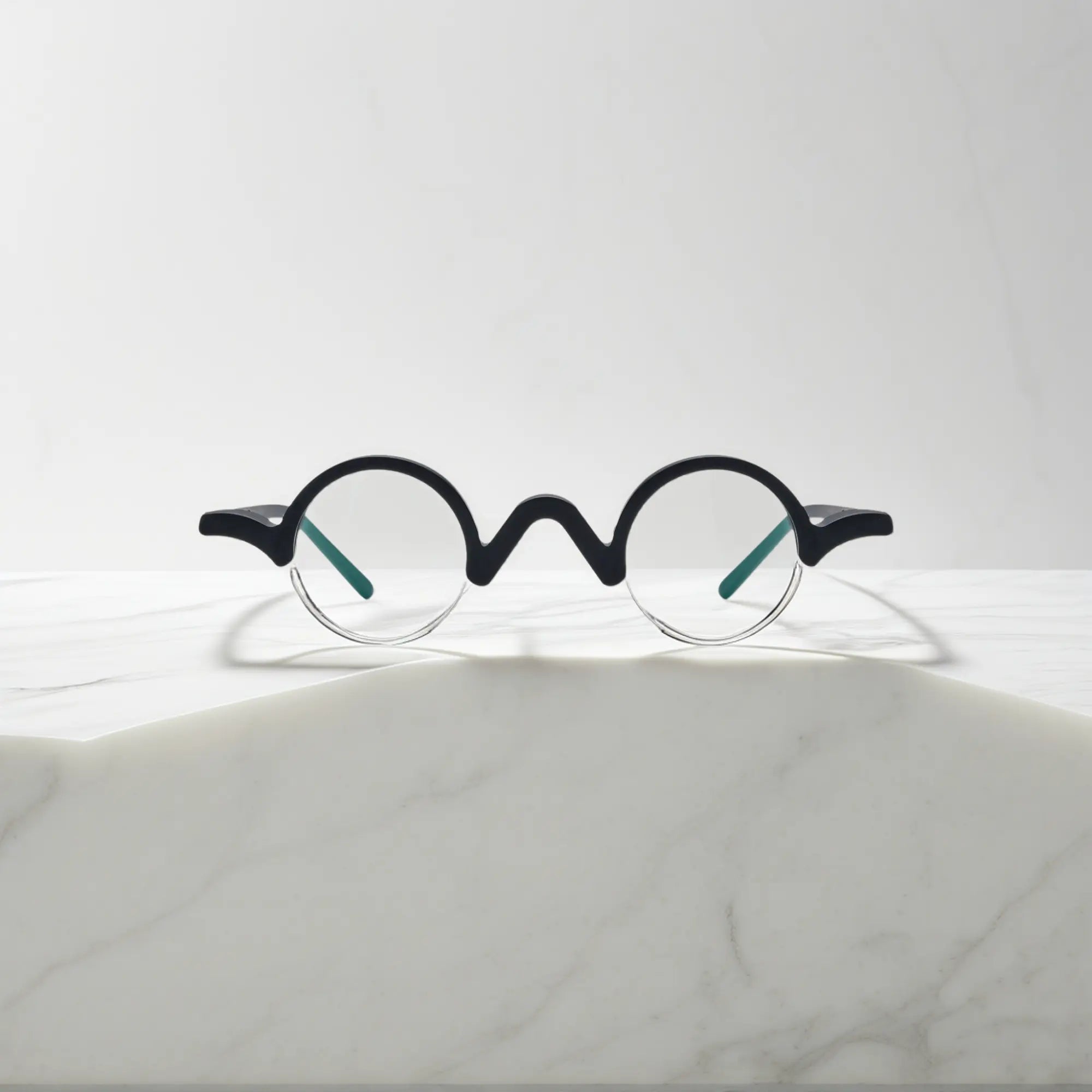 Front facing image of VoyueLens™ Solid Black semi-rimless browline eyeglasses with minimalistic matte black design.