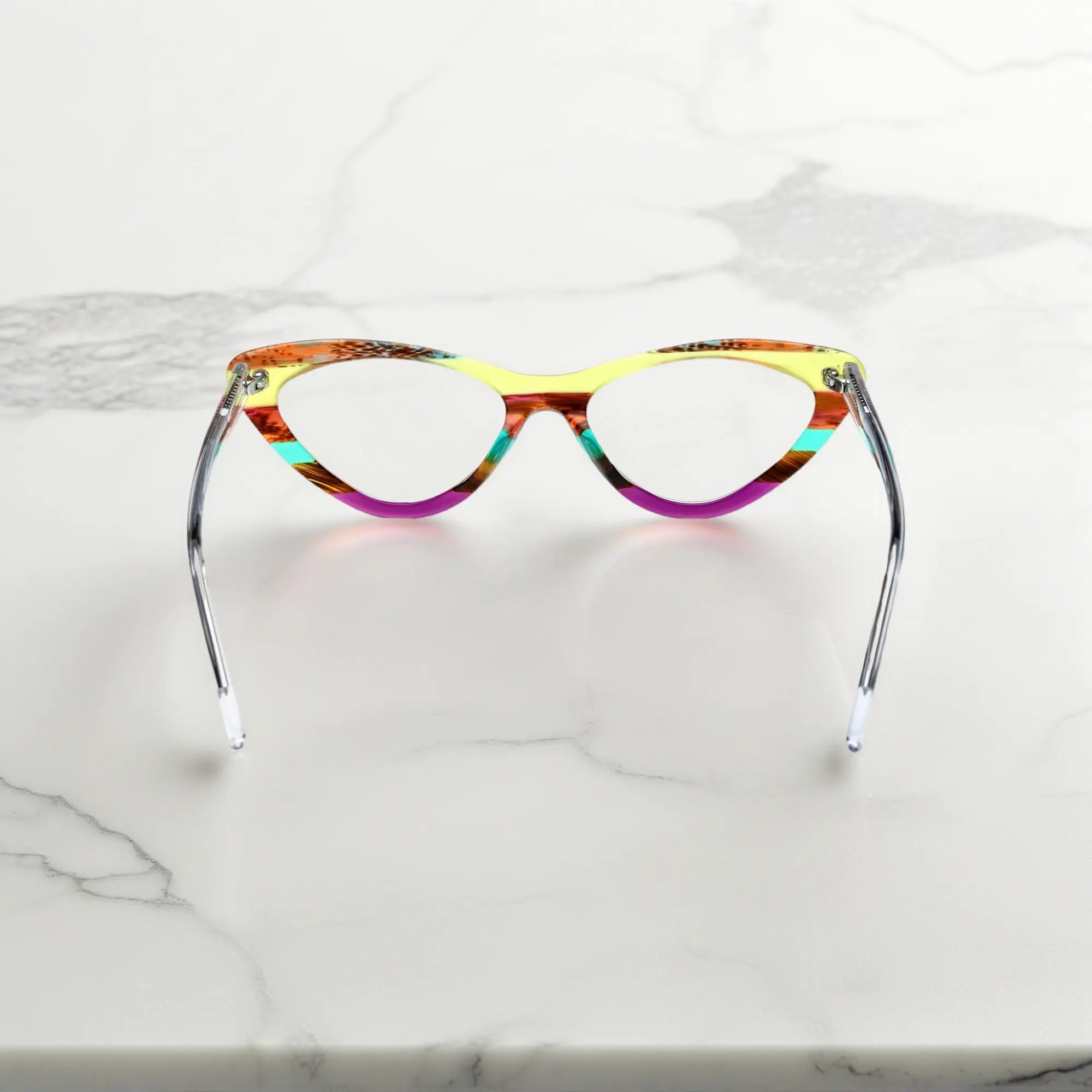 Back view of VoyueLens™ KaleidoCat Sunrise Mirage glasses with gradient detailing
