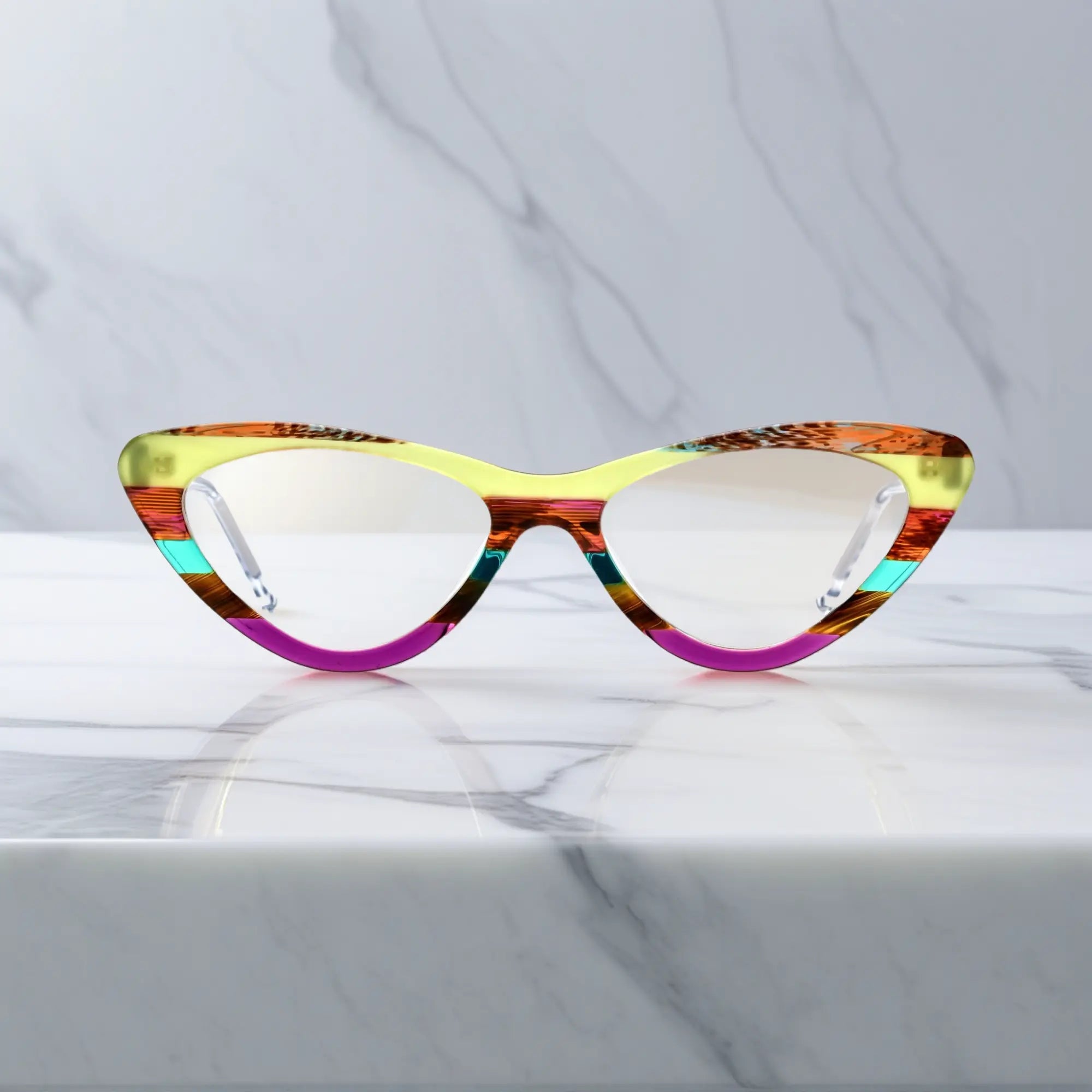 Front view of VoyueLens™ KaleidoCat Sunrise Mirage glasses with purple and yellow color blend