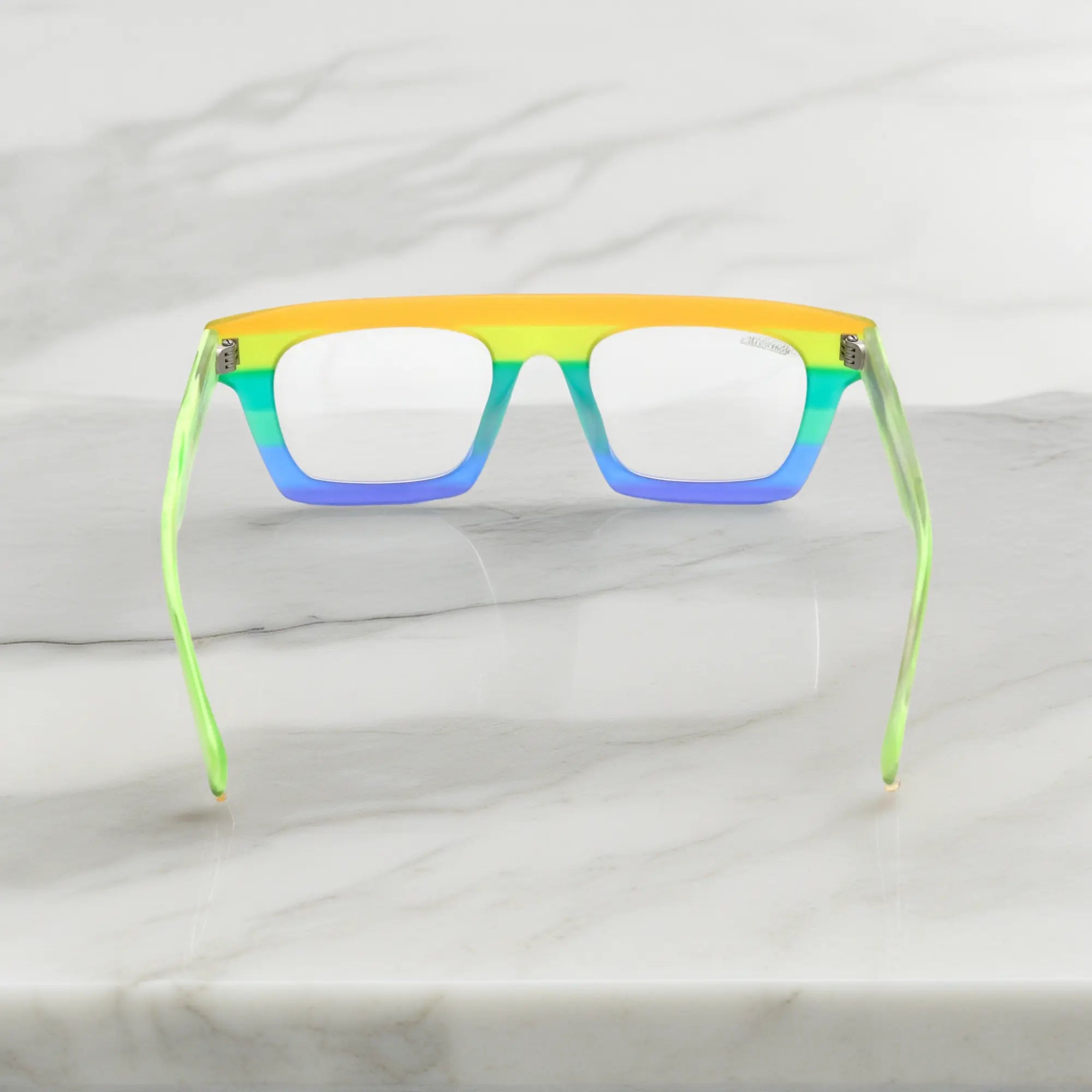 Back angle view showing frame curve and inner detail of VoyueLens Acetate Square Eyeglasses in Sunset Fade