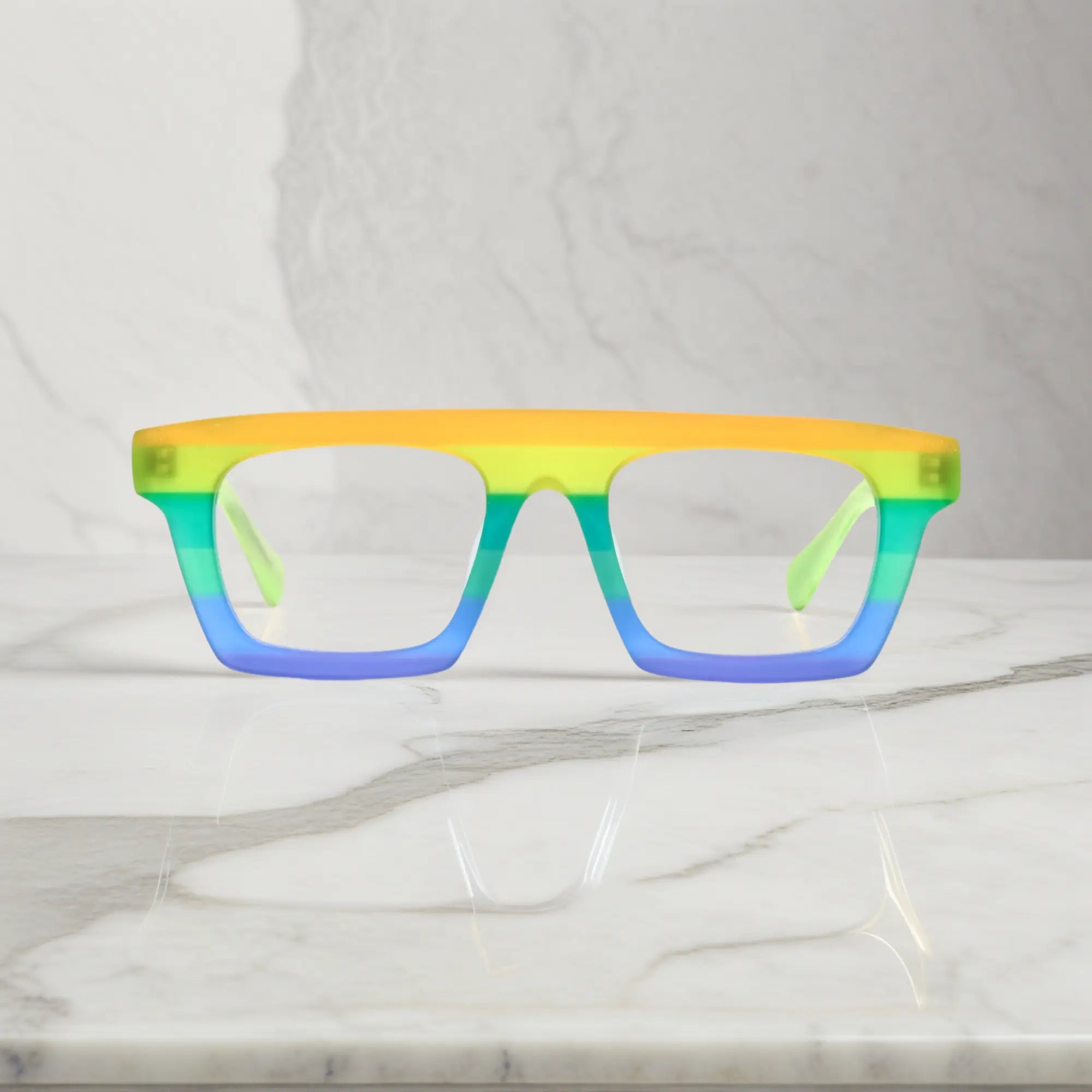 Front-facing view showcasing the bold square frame design of VoyueLens Acetate Square Eyeglasses in Sunset Fade