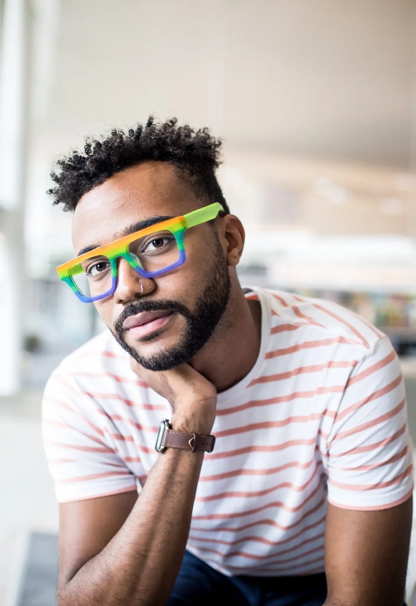 Fashion male model wearing the glasses, illustrating street-style vibe of VoyueLens Acetate Square Eyeglasses in Sunset Fade
