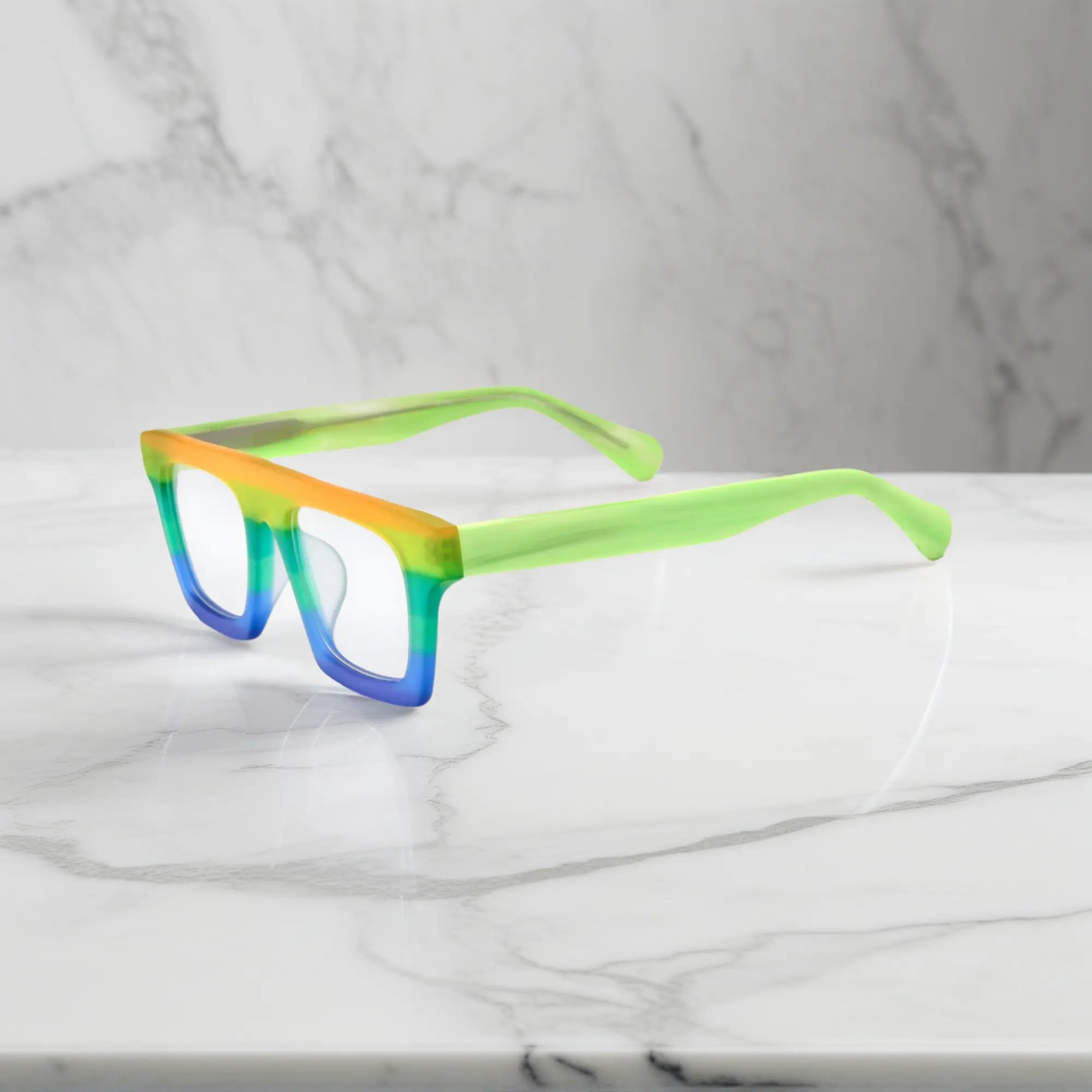 Side profile highlighting the temple structure and acetate finish of VoyueLens Acetate Square Eyeglasses in Sunset Fade