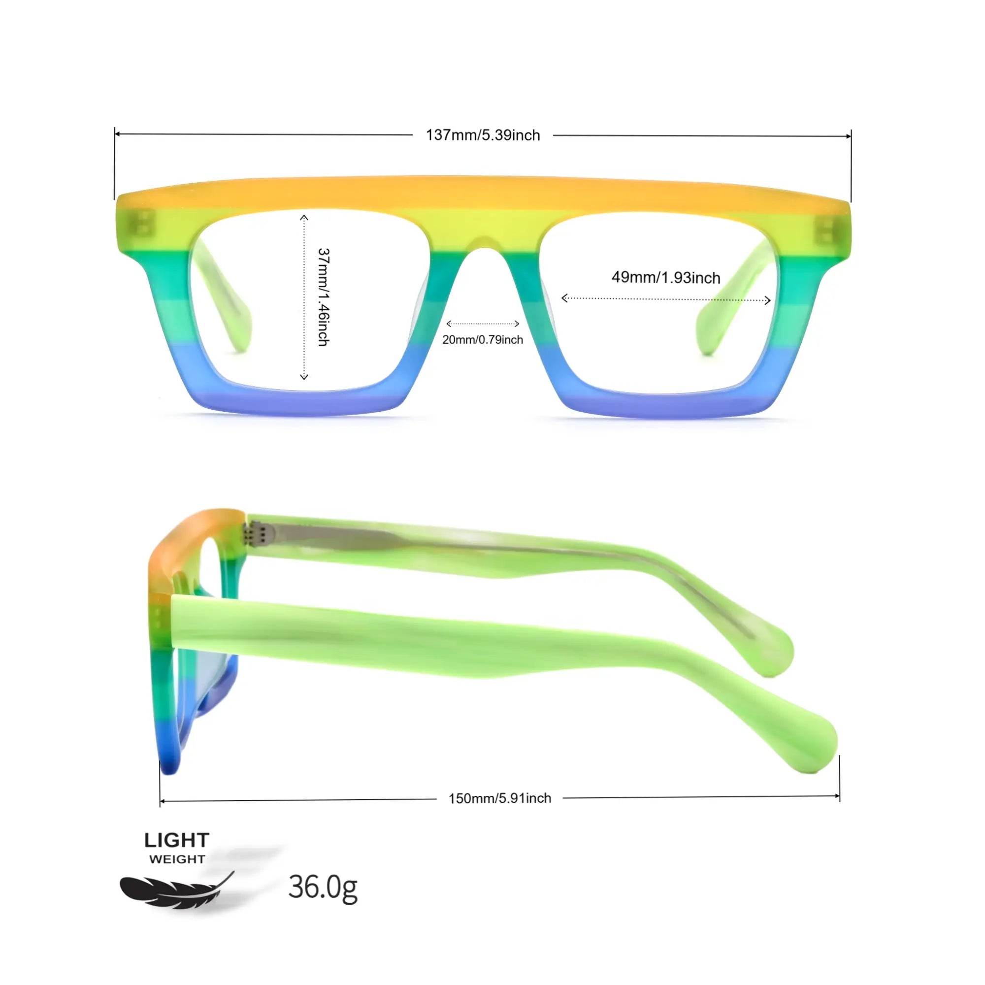 Eyeglass measurement chart including lens width and bridge size of VoyueLens Acetate Square Eyeglasses in Sunset Fade